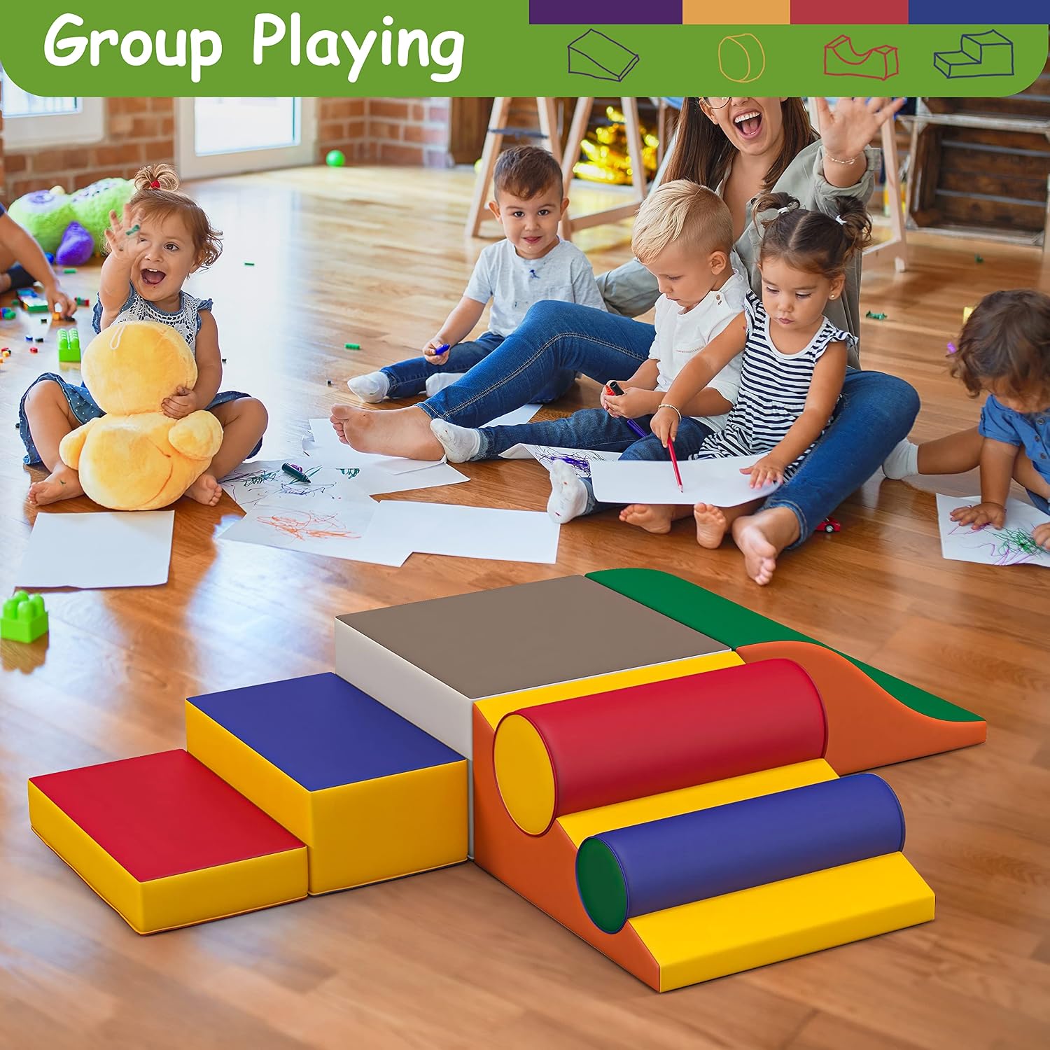 Seven soft foam climbing blocks in primary colors stacked and arranged for toddler play, featuring safe rounded edges for indoor climbing and sliding — view 4