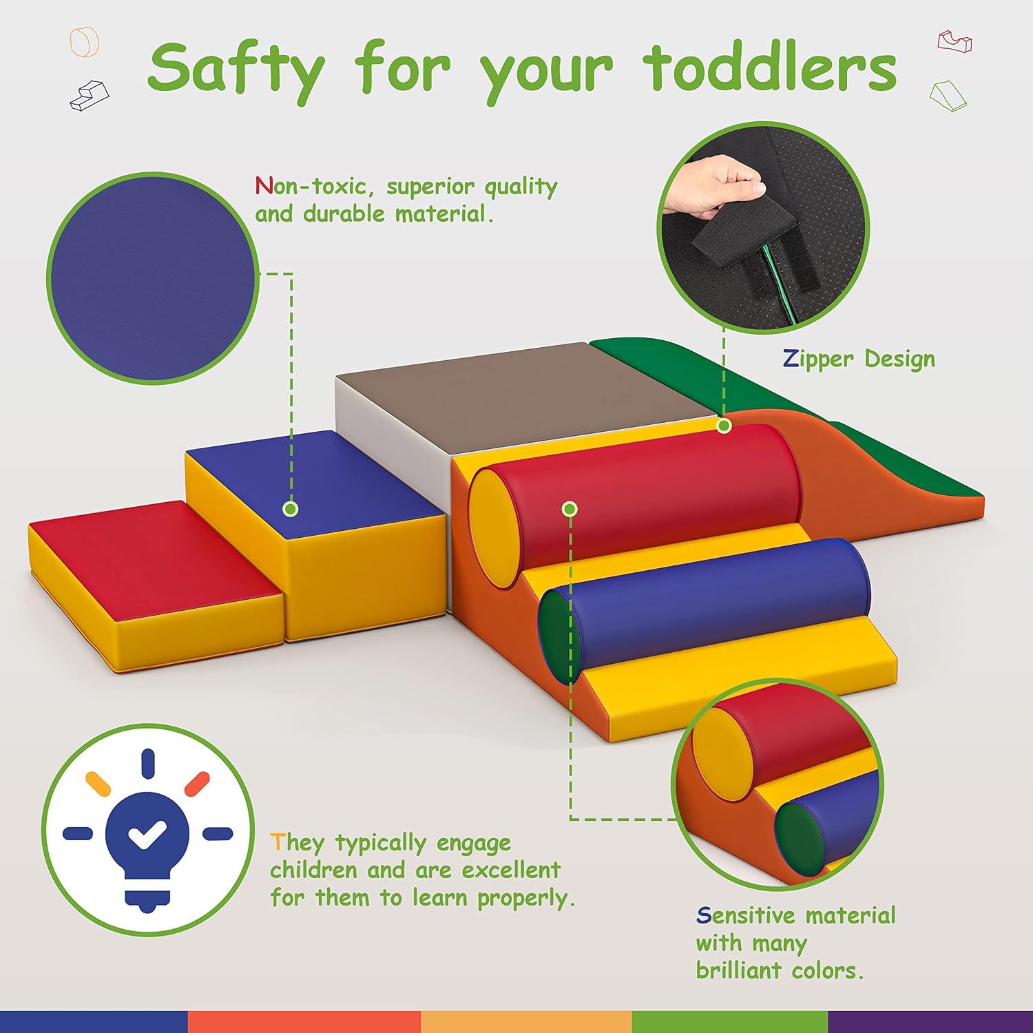Seven soft foam climbing blocks in primary colors stacked and arranged for toddler play, featuring safe rounded edges for indoor climbing and sliding — view 2