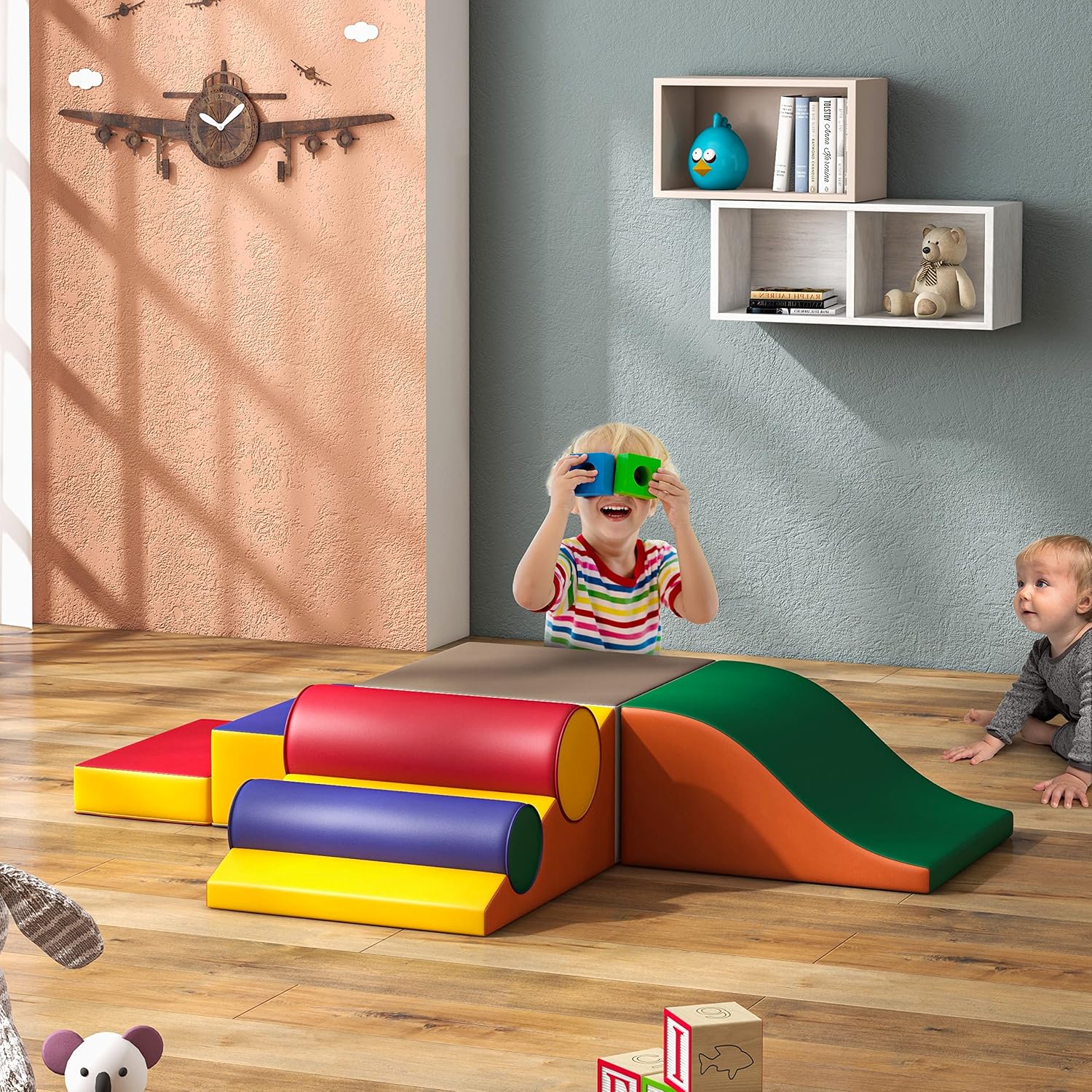Seven soft foam climbing blocks in primary colors stacked and arranged for toddler play, featuring safe rounded edges for indoor climbing and sliding — view 4