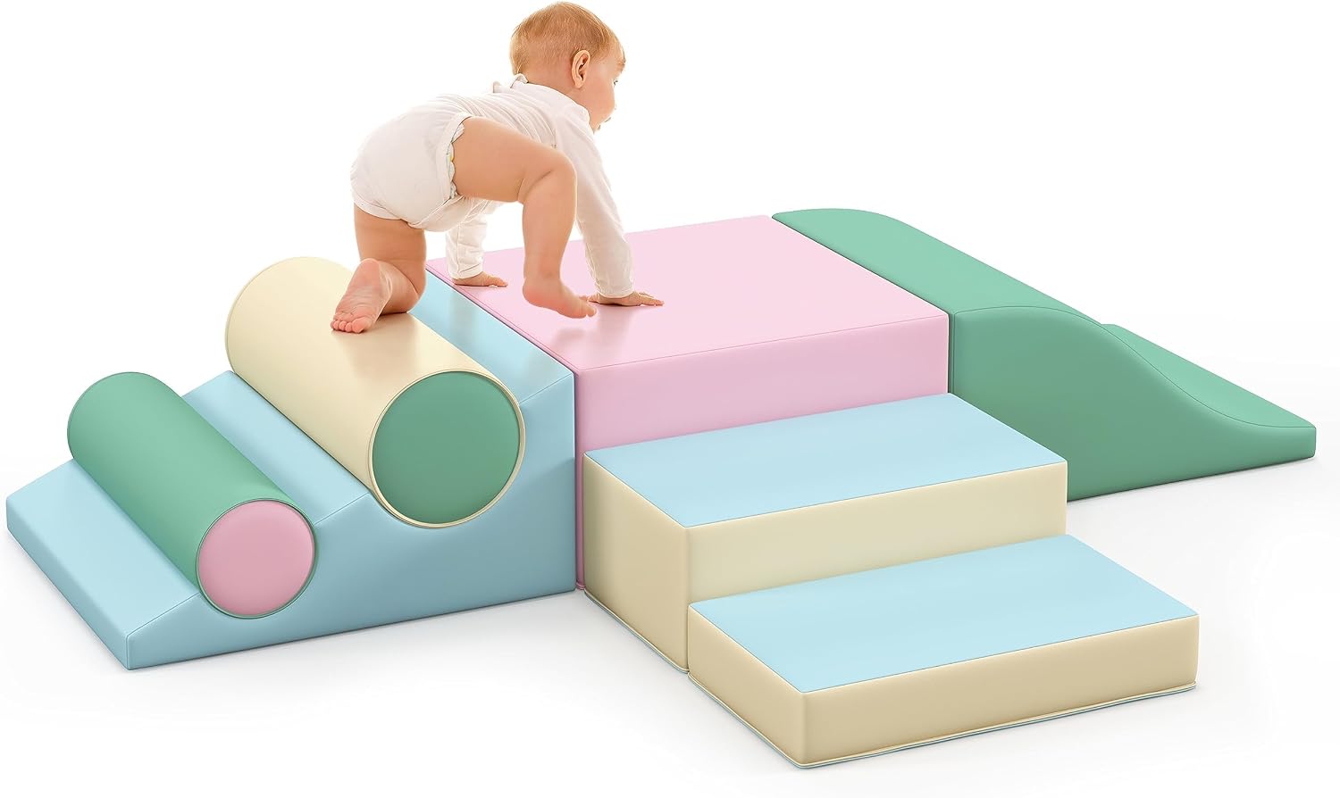 Seven soft foam climbing blocks in primary colors stacked and arranged for toddler play, featuring safe rounded edges for indoor climbing and sliding — view 7a