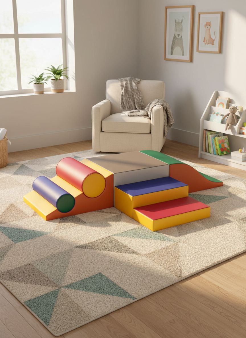 Seven soft foam climbing blocks in primary colors stacked and arranged for toddler play, featuring safe rounded edges for indoor climbing and sliding — view 4