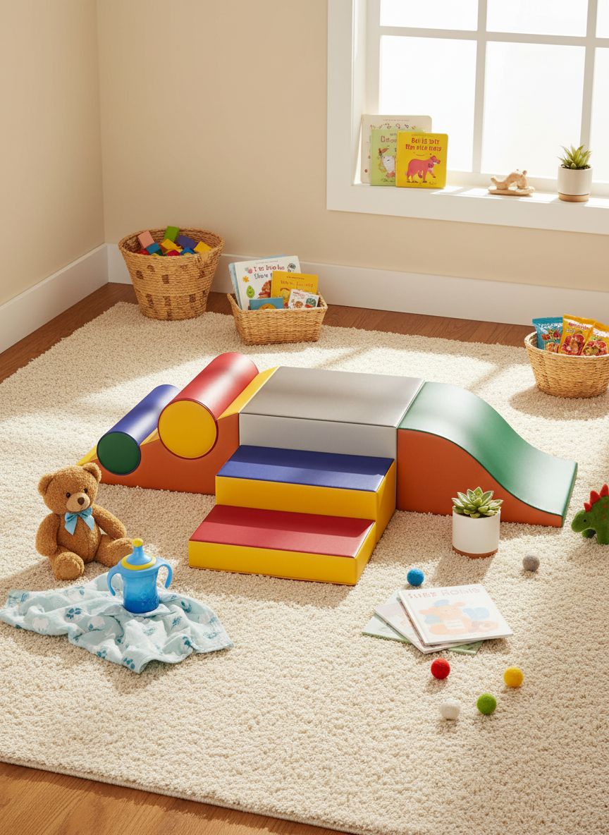 Seven soft foam climbing blocks in primary colors stacked and arranged for toddler play, featuring safe rounded edges for indoor climbing and sliding — view 5a