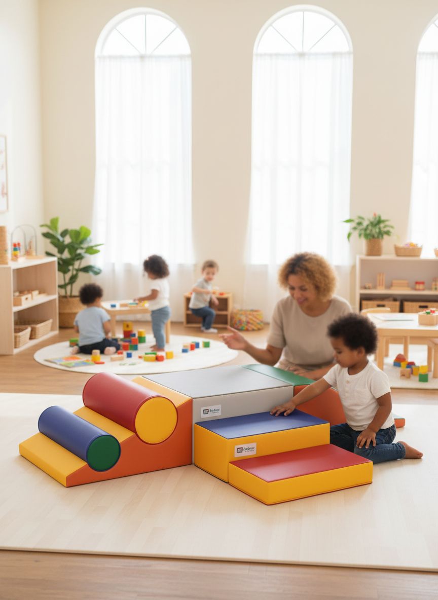 Seven soft foam climbing blocks in primary colors stacked and arranged for toddler play, featuring safe rounded edges for indoor climbing and sliding — view 6