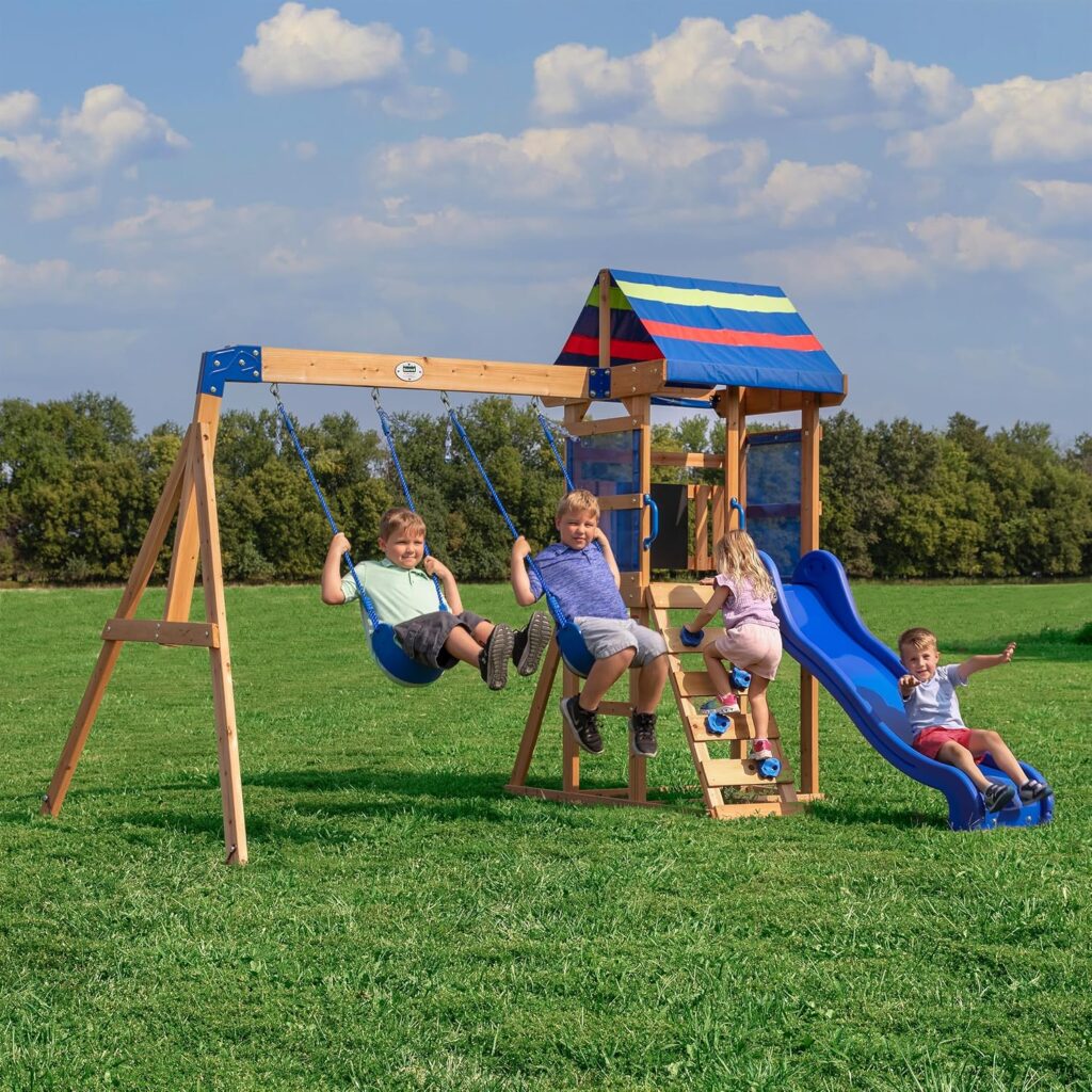 Cedar Wood Swing Set with Slide for Ages 3-8