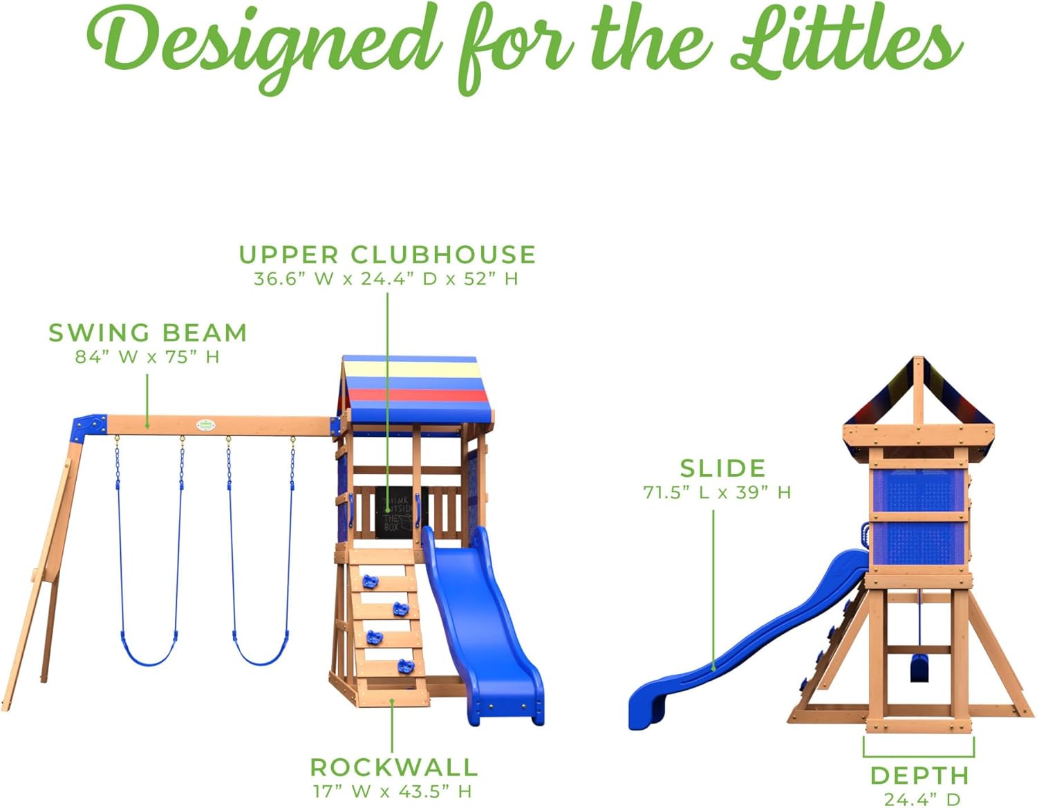 Cedar wood swing set with wave slide, tan canopy roof, and rock wall ladder for toddlers and preschoolers — view 4