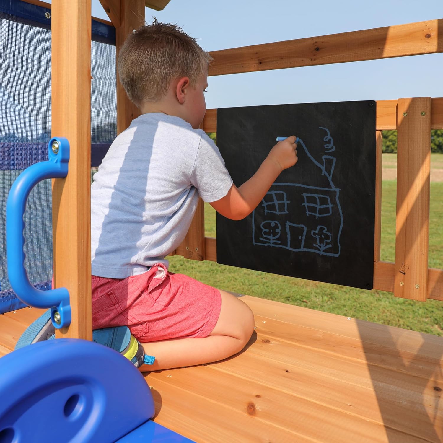 Cedar wood swing set with wave slide, tan canopy roof, and rock wall ladder for toddlers and preschoolers — view 3
