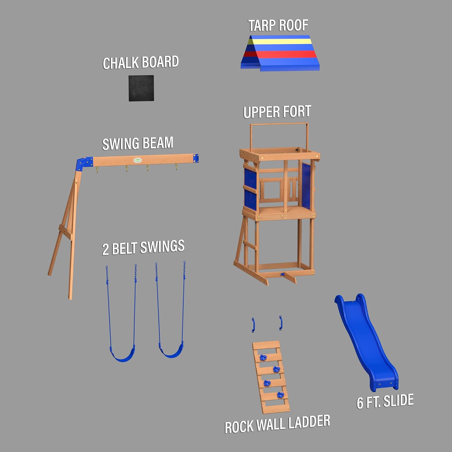 Cedar wood swing set with wave slide, tan canopy roof, and rock wall ladder for toddlers and preschoolers — view 5
