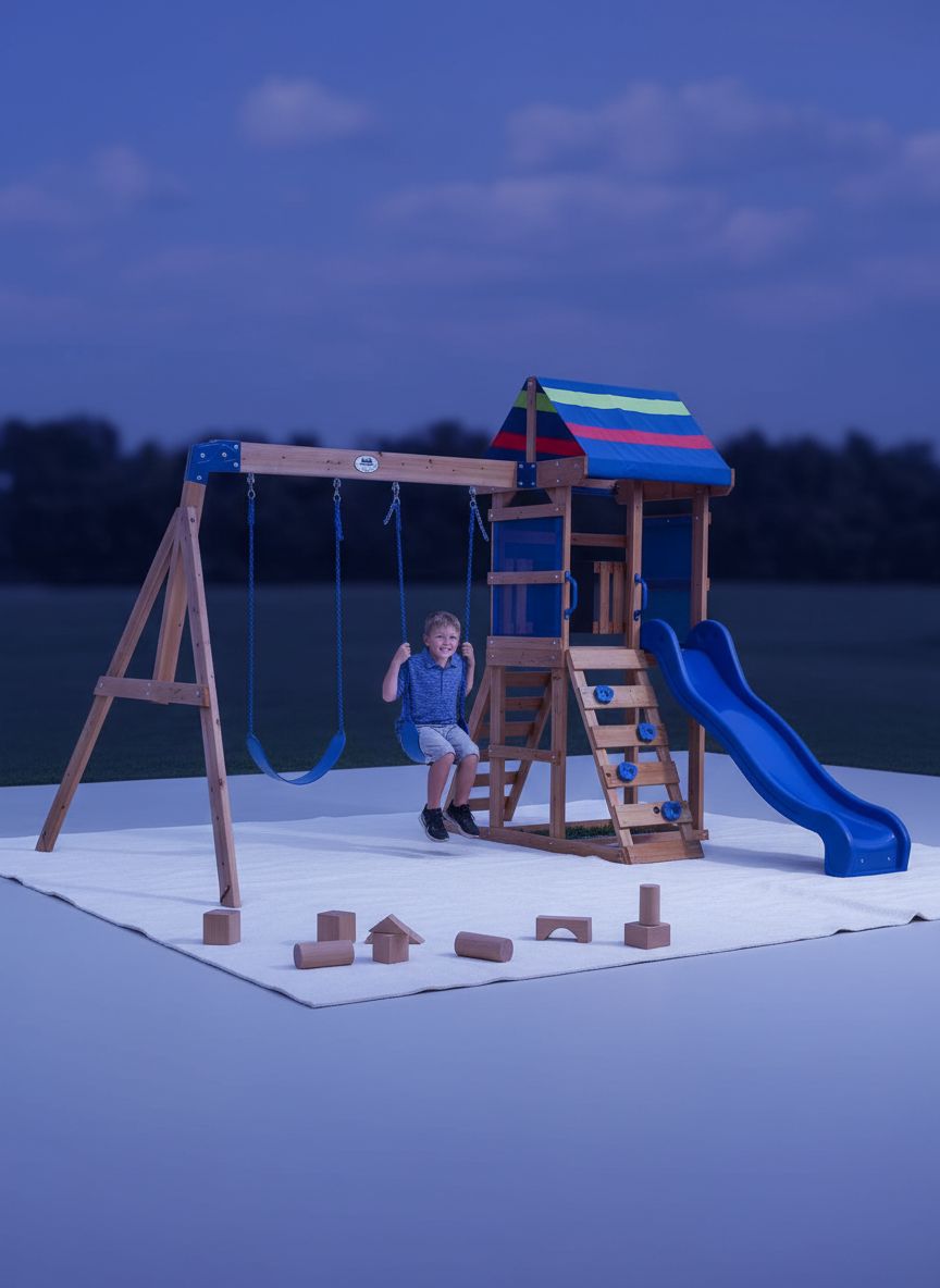 Cedar wood swing set with wave slide, tan canopy roof, and rock wall ladder for toddlers and preschoolers — view 1