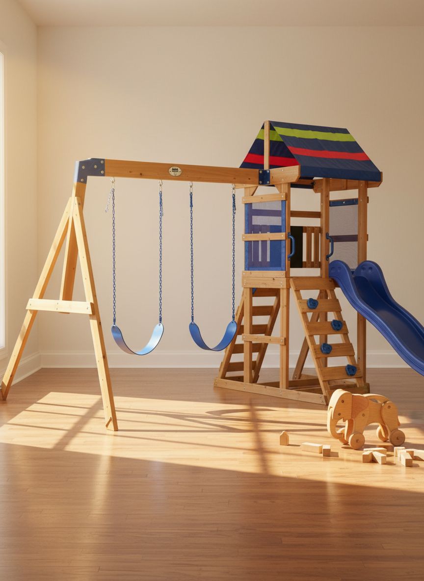 Cedar wood swing set with wave slide, tan canopy roof, and rock wall ladder for toddlers and preschoolers — view 2