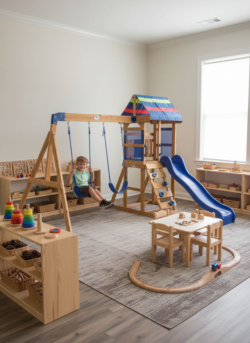 Cedar wood swing set with wave slide, tan canopy roof, and rock wall ladder for toddlers and preschoolers — view 4