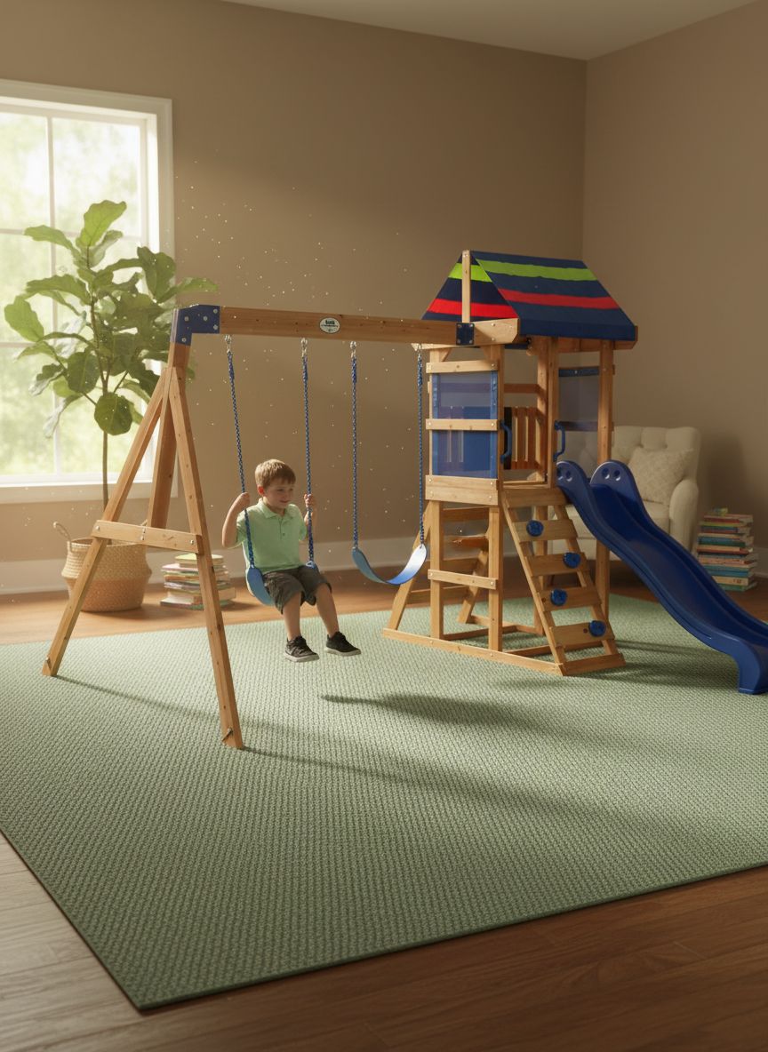 Cedar wood swing set with wave slide, tan canopy roof, and rock wall ladder for toddlers and preschoolers — view 2