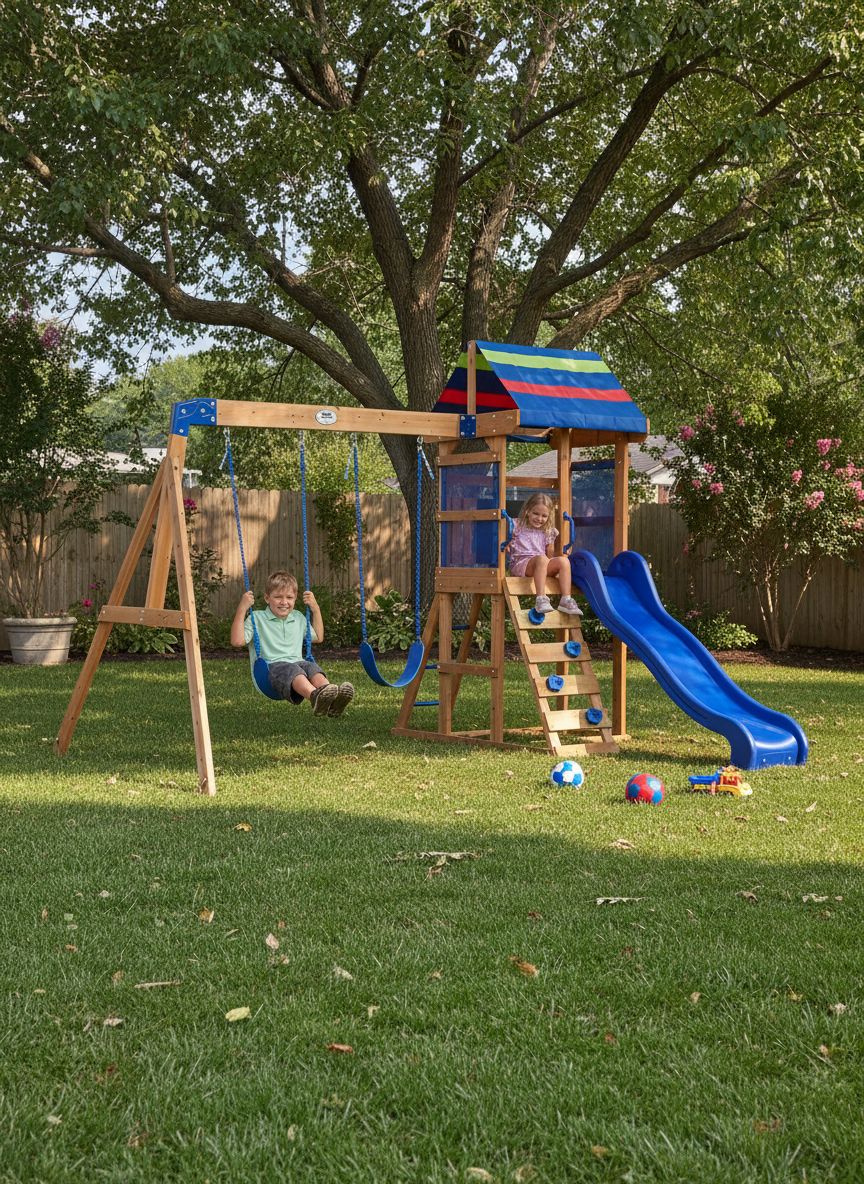 Cedar wood swing set with wave slide, tan canopy roof, and rock wall ladder for toddlers and preschoolers — view 3a