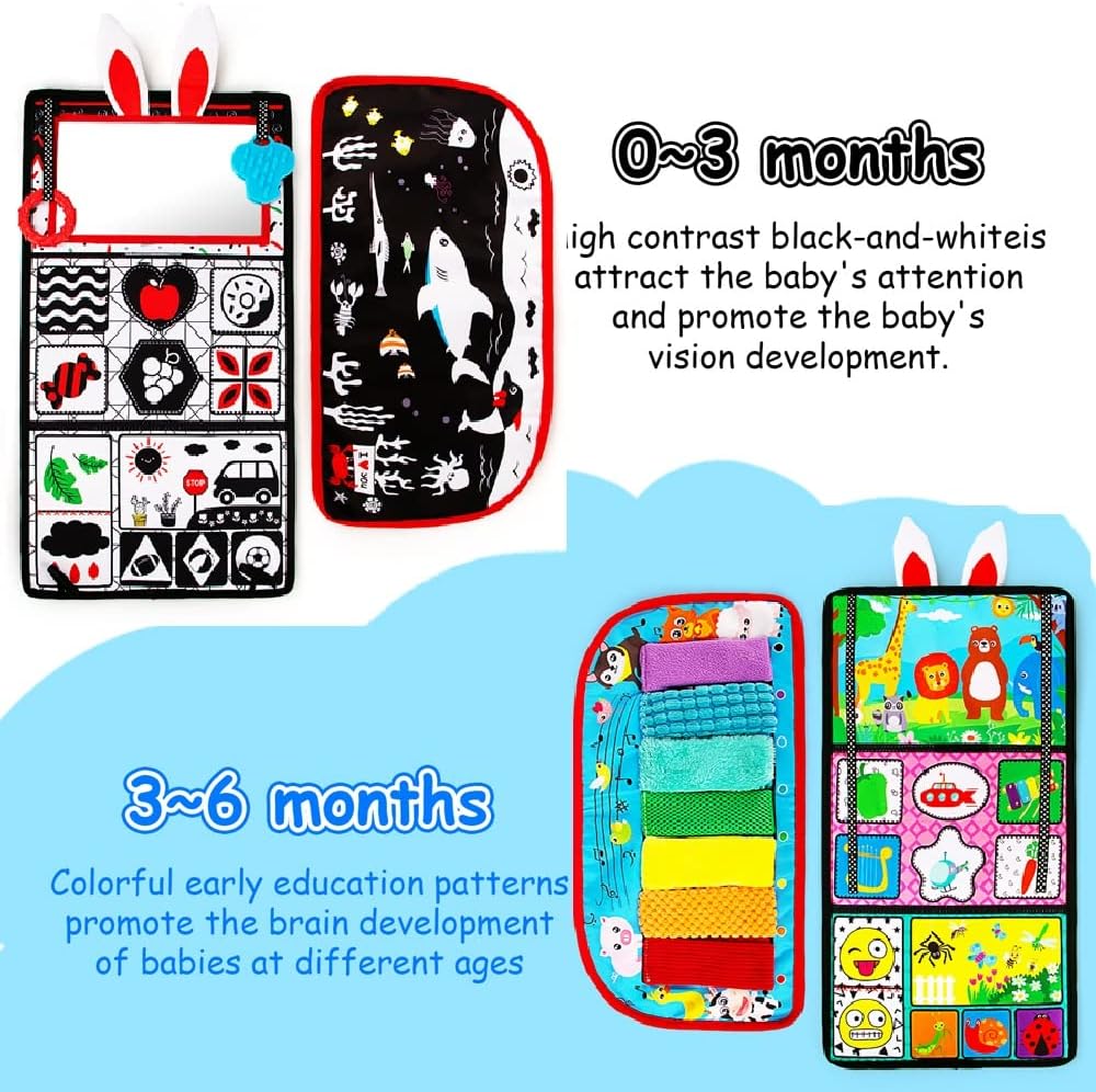 Black and white high contrast baby mirror toy with textured surfaces and squeaker for tummy time, mounted on tabletop for newborn sensory play — side