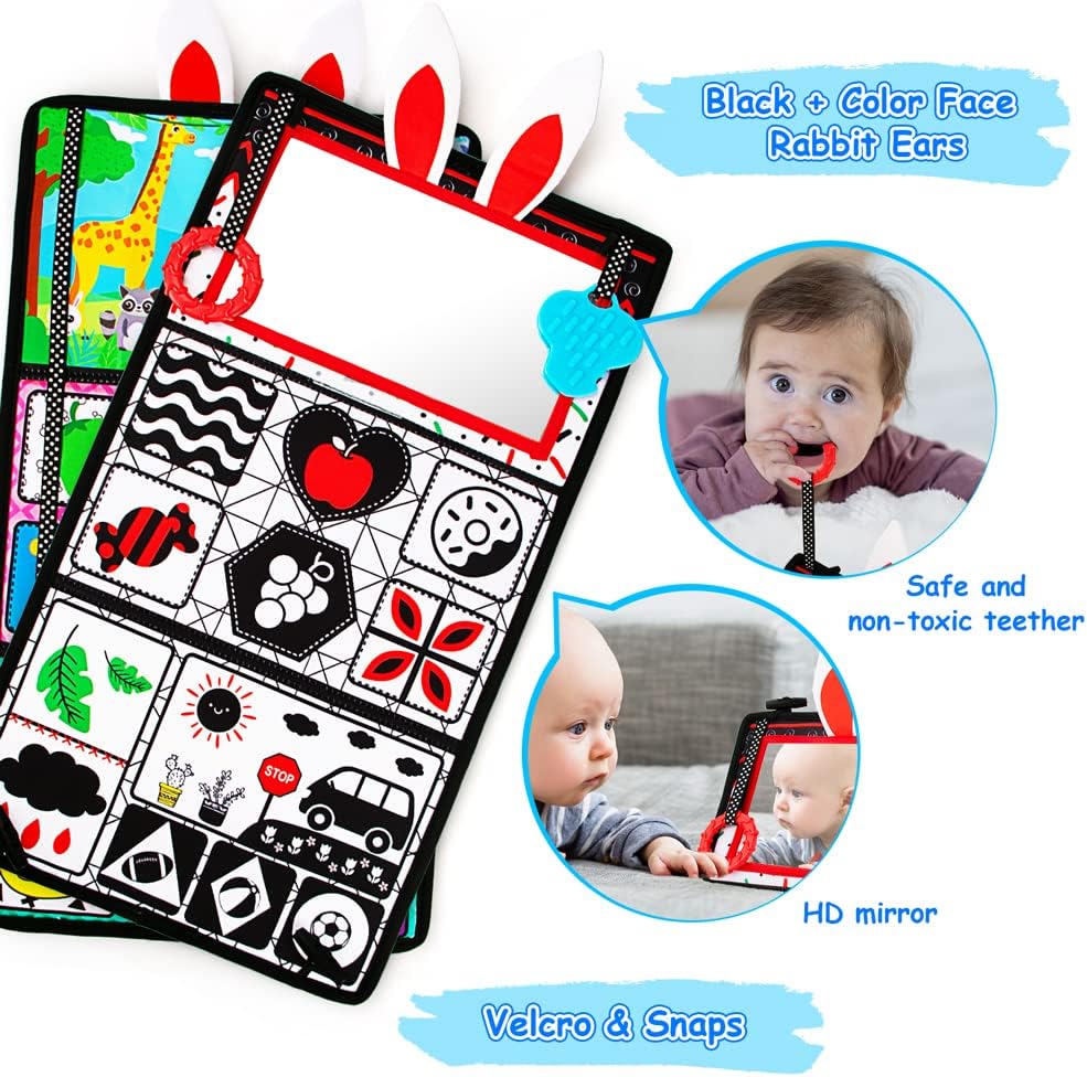 Black and white high contrast baby mirror toy with textured surfaces and squeaker for tummy time, mounted on tabletop for newborn sensory play — detail
