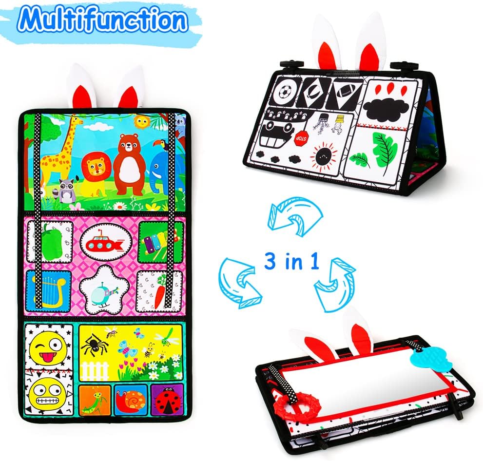 Black and white high contrast baby mirror toy with textured surfaces and squeaker for tummy time, mounted on tabletop for newborn sensory play — view 5a