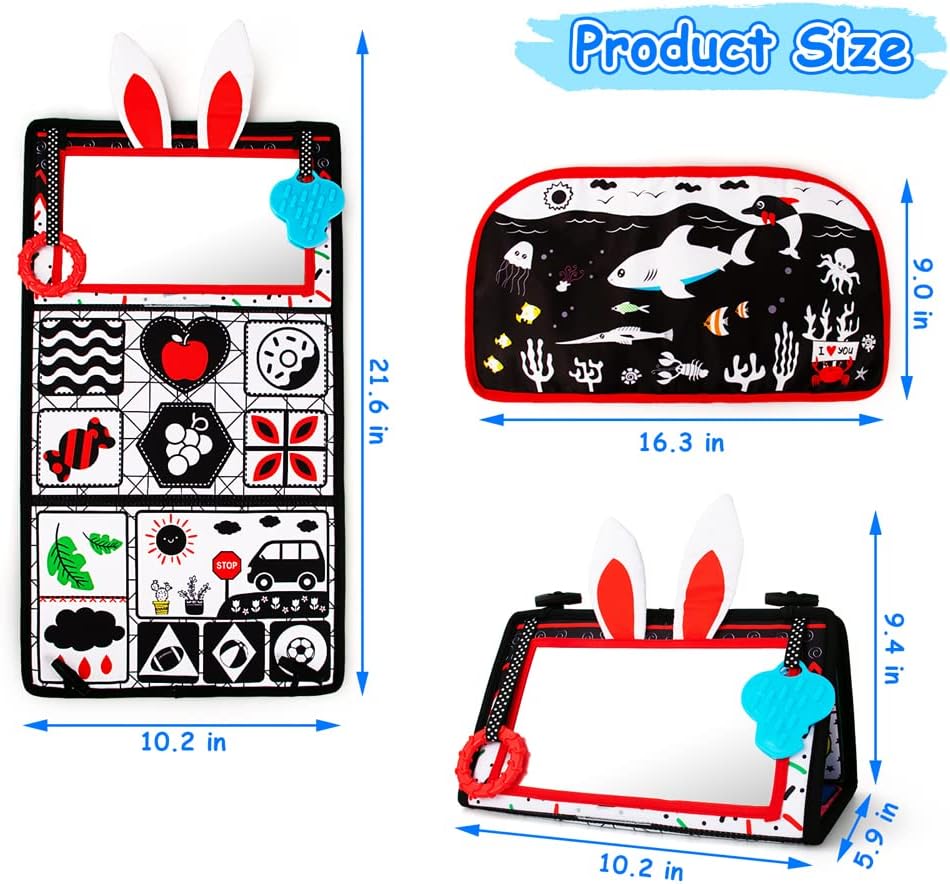 Black and white high contrast baby mirror toy with textured surfaces and squeaker for tummy time, mounted on tabletop for newborn sensory play — view 3a