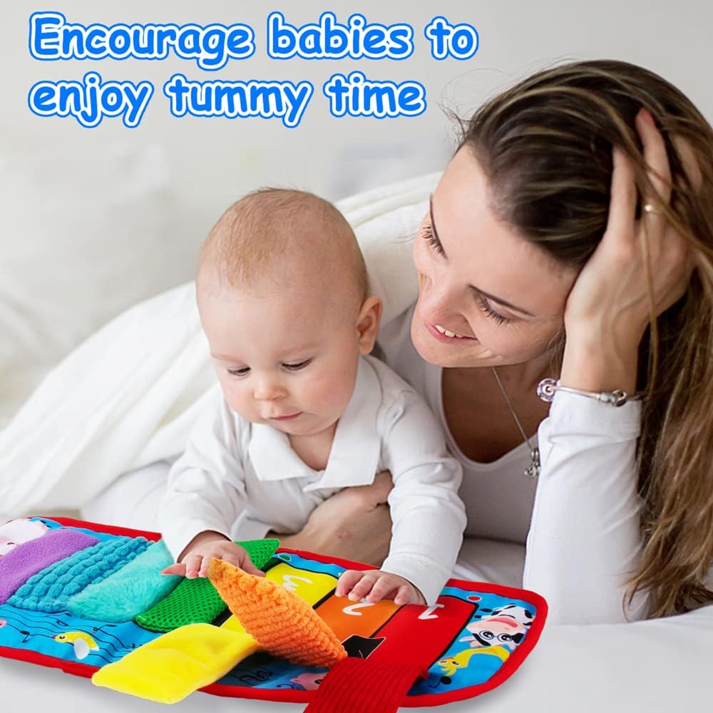 Black and white high contrast baby mirror toy with textured surfaces and squeaker for tummy time, mounted on tabletop for newborn sensory play — view 1