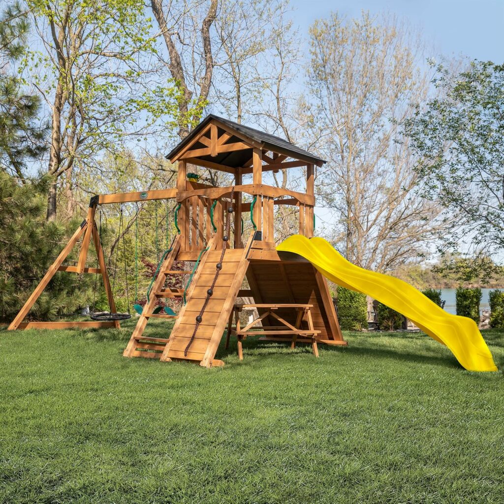 Cedar Wood Swing Set with Slide & Climbing Wall for Kids 2026