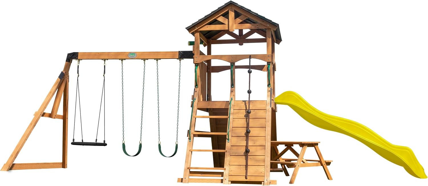 Cedar wood outdoor swing set with integrated wave slide, double rock wall, web swing, and elevated play deck for children ages 3-8 — view 2