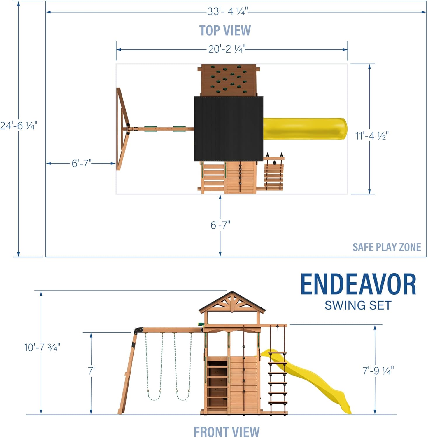 Cedar wood outdoor swing set with integrated wave slide, double rock wall, web swing, and elevated play deck for children ages 3-8 — view 3