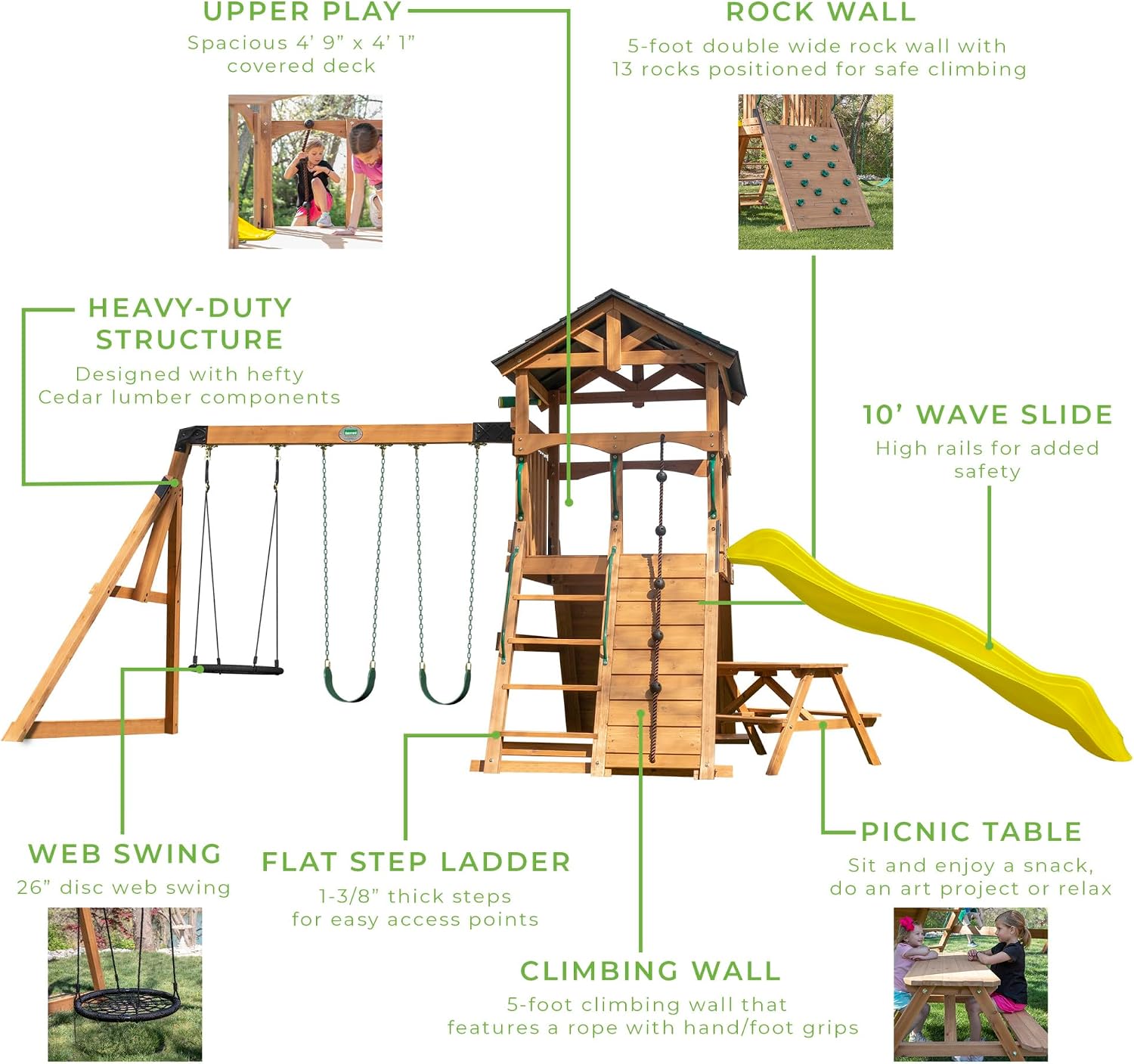Cedar wood outdoor swing set with integrated wave slide, double rock wall, web swing, and elevated play deck for children ages 3-8 — view 4