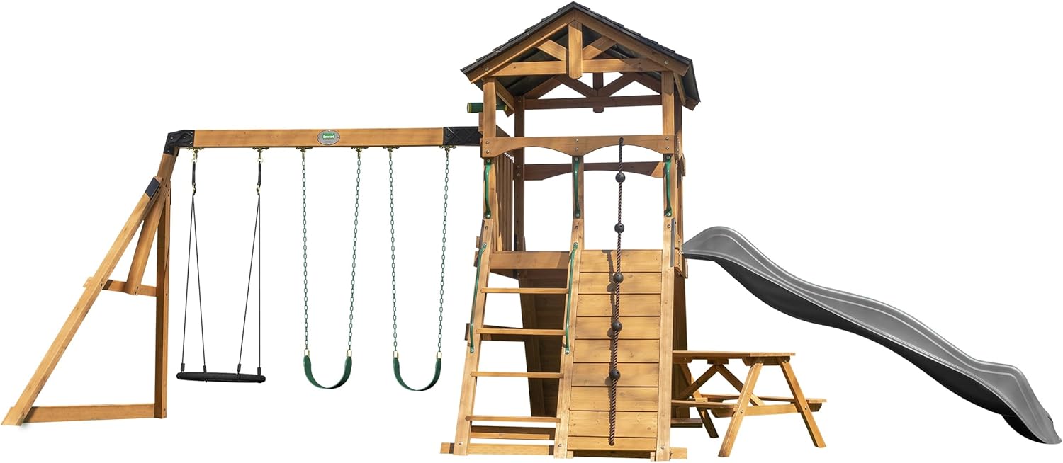 Cedar wood outdoor swing set with integrated wave slide, double rock wall, web swing, and elevated play deck for children ages 3-8 — view 4