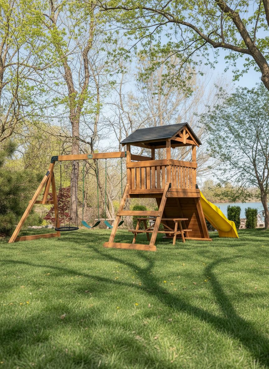 Cedar wood outdoor swing set with integrated wave slide, double rock wall, web swing, and elevated play deck for children ages 3-8 — view 2