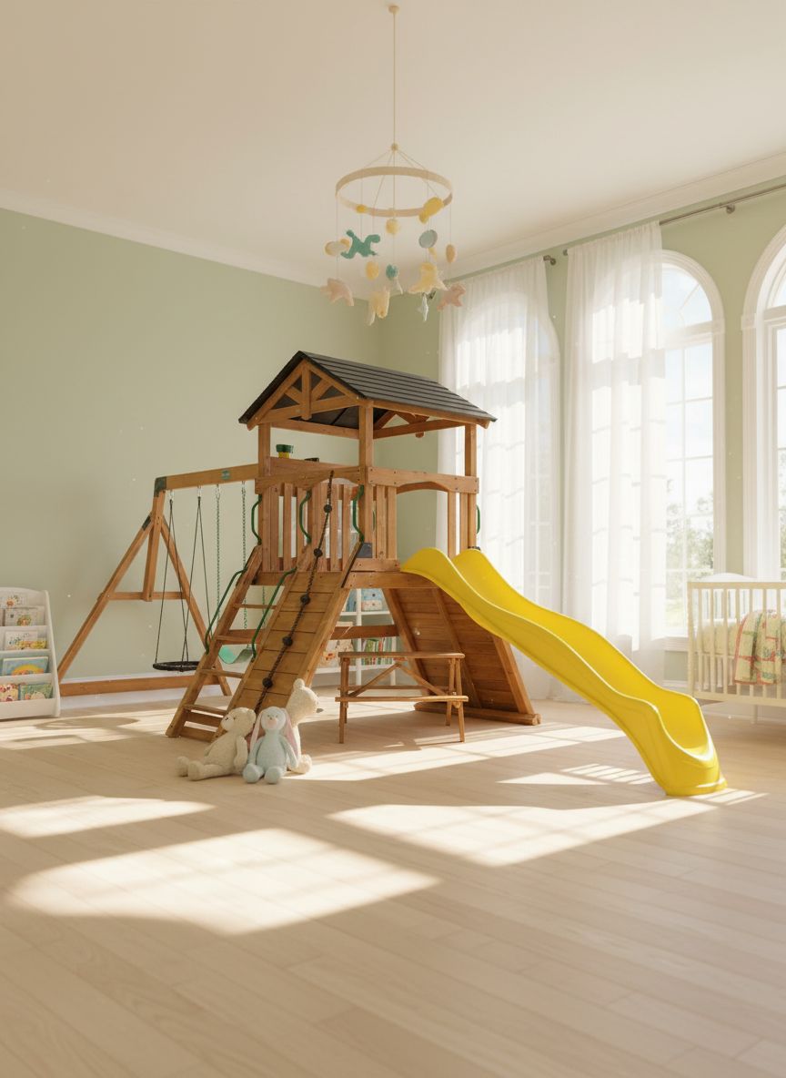 Cedar wood outdoor swing set with integrated wave slide, double rock wall, web swing, and elevated play deck for children ages 3-8 — view 3