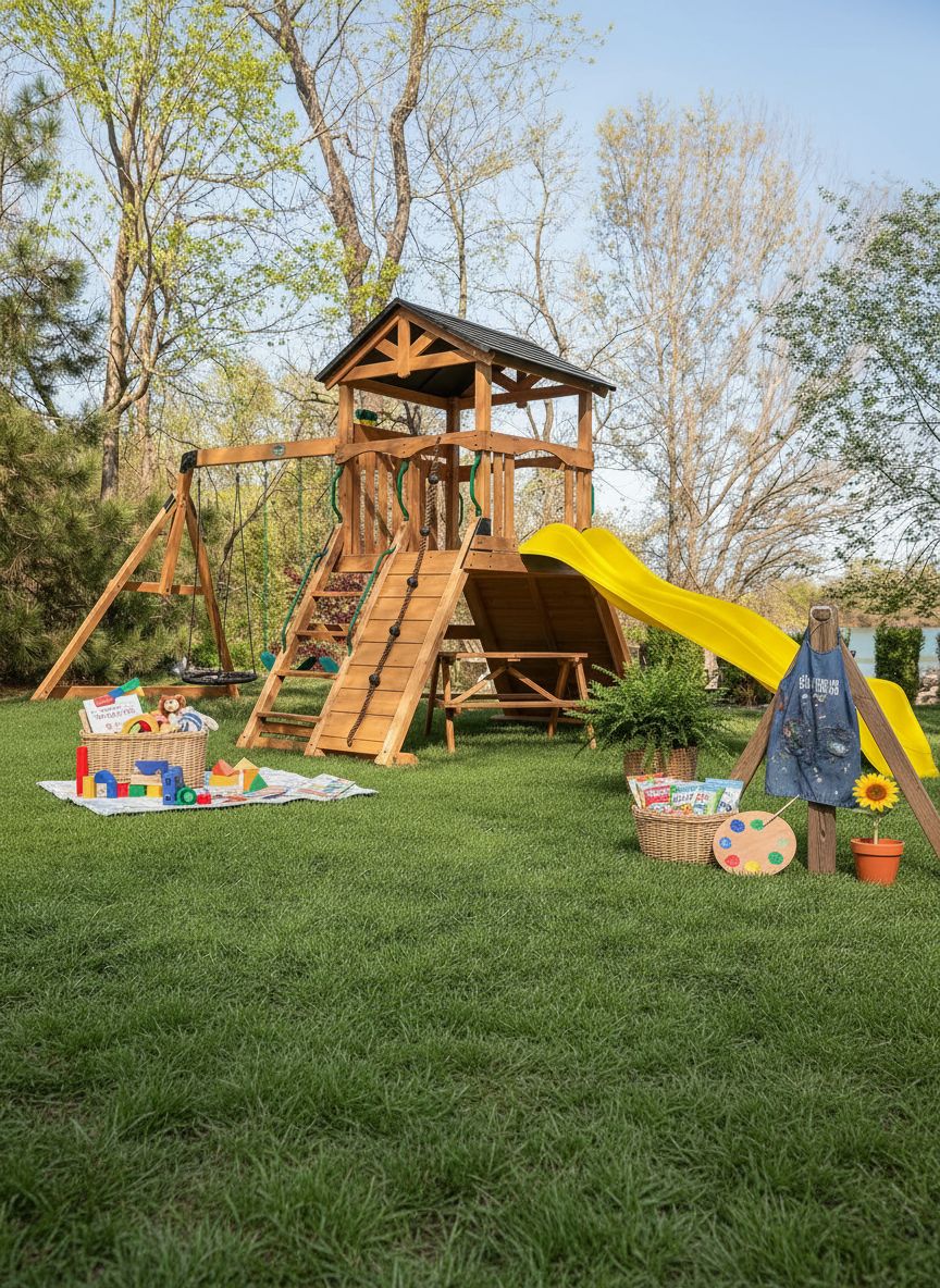 Cedar wood outdoor swing set with integrated wave slide, double rock wall, web swing, and elevated play deck for children ages 3-8 — view 5a