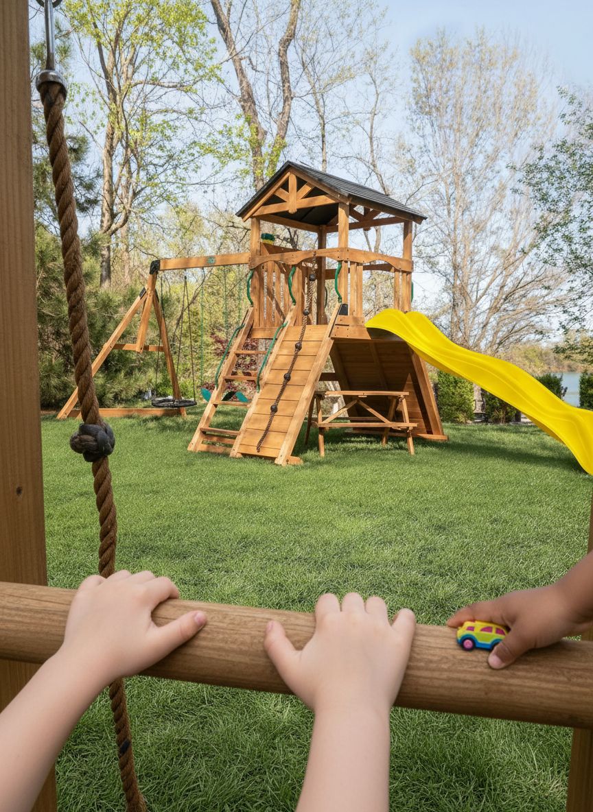 Cedar wood outdoor swing set with integrated wave slide, double rock wall, web swing, and elevated play deck for children ages 3-8 — view 6
