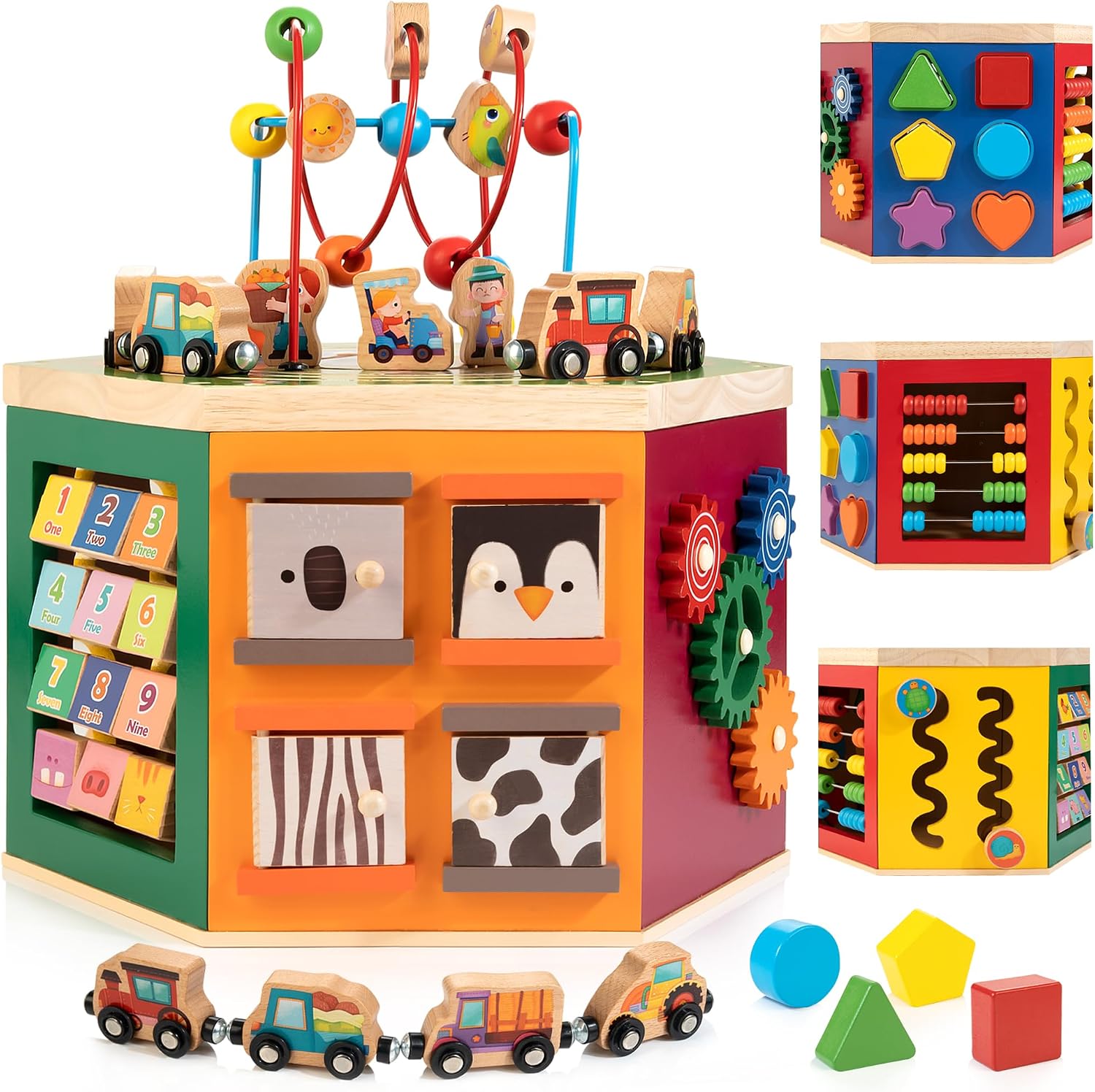 WOODMAM natural wood 9-in-1 farm-themed activity cube with bead maze, shape sorter, and magnetic train cars for toddler play — front