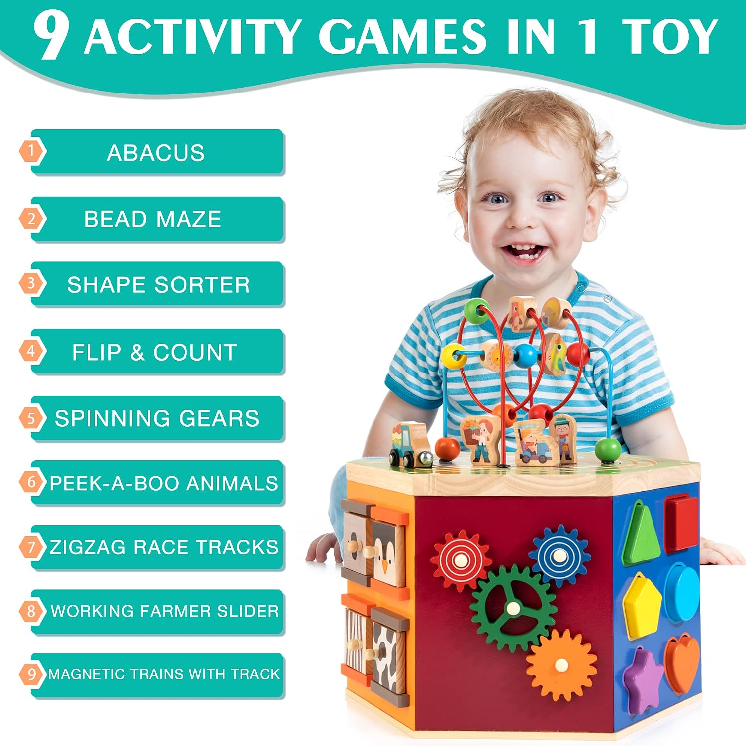 WOODMAM natural wood 9-in-1 farm-themed activity cube with bead maze, shape sorter, and magnetic train cars for toddler play — side