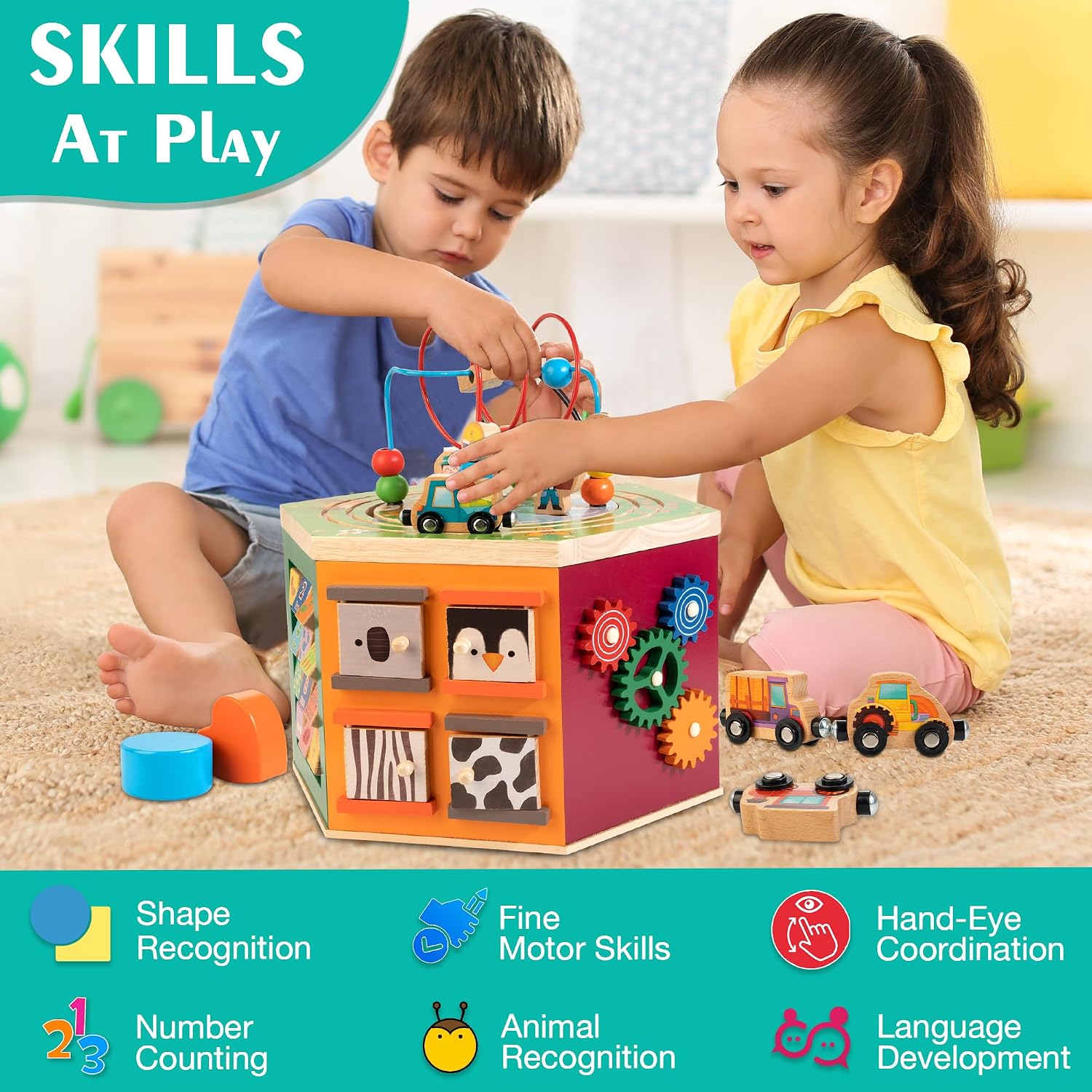 WOODMAM natural wood 9-in-1 farm-themed activity cube with bead maze, shape sorter, and magnetic train cars for toddler play — back