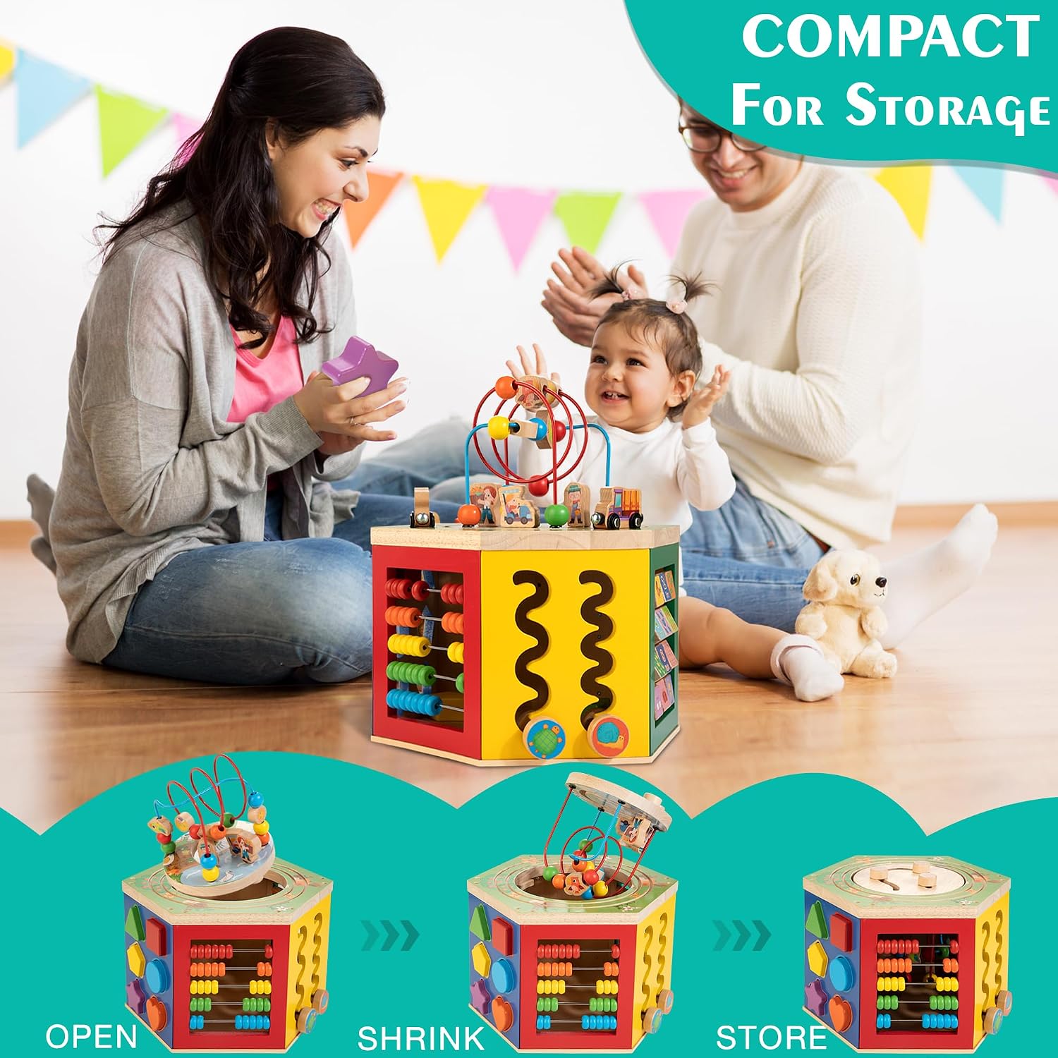 WOODMAM natural wood 9-in-1 farm-themed activity cube with bead maze, shape sorter, and magnetic train cars for toddler play — view 4