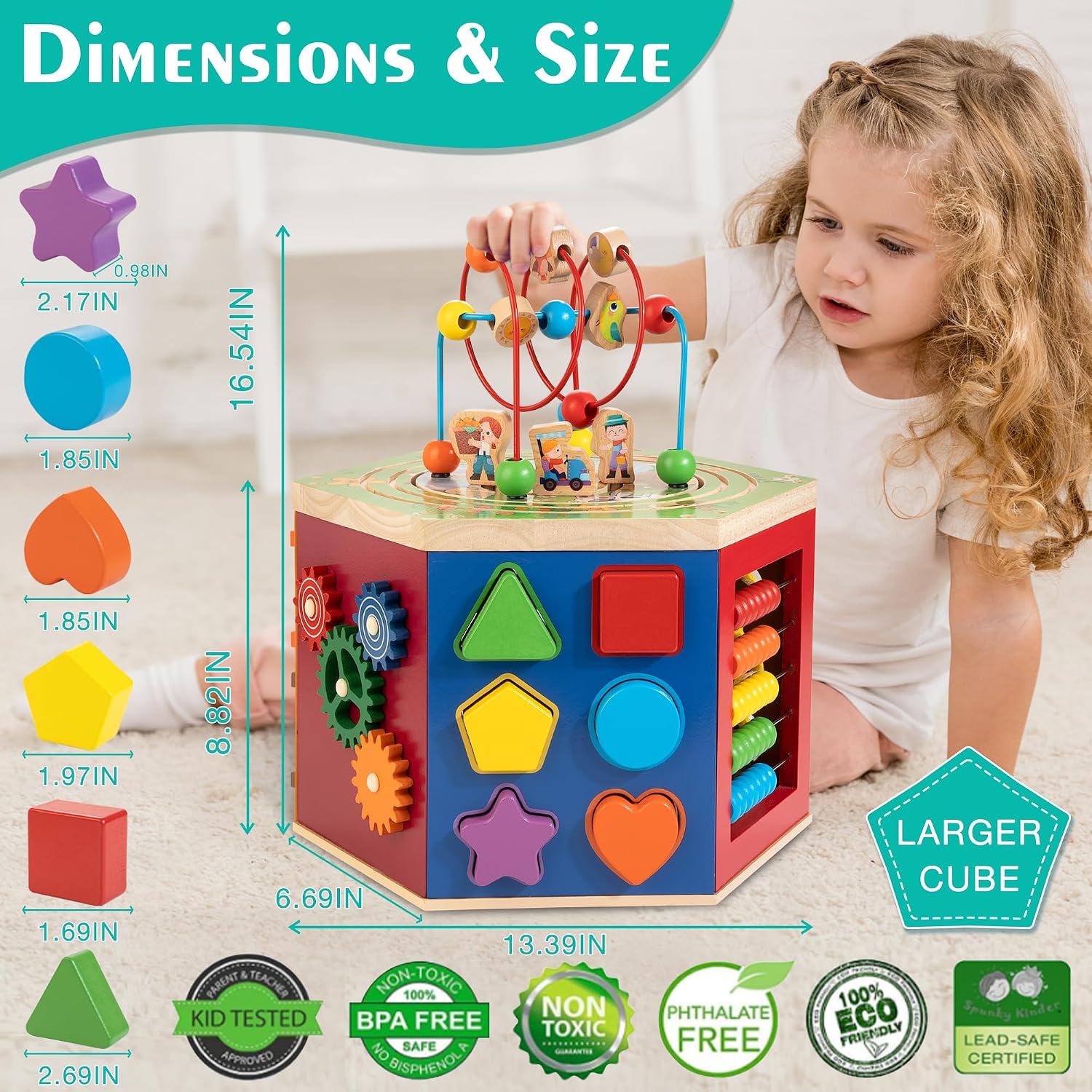 WOODMAM natural wood 9-in-1 farm-themed activity cube with bead maze, shape sorter, and magnetic train cars for toddler play — view 1