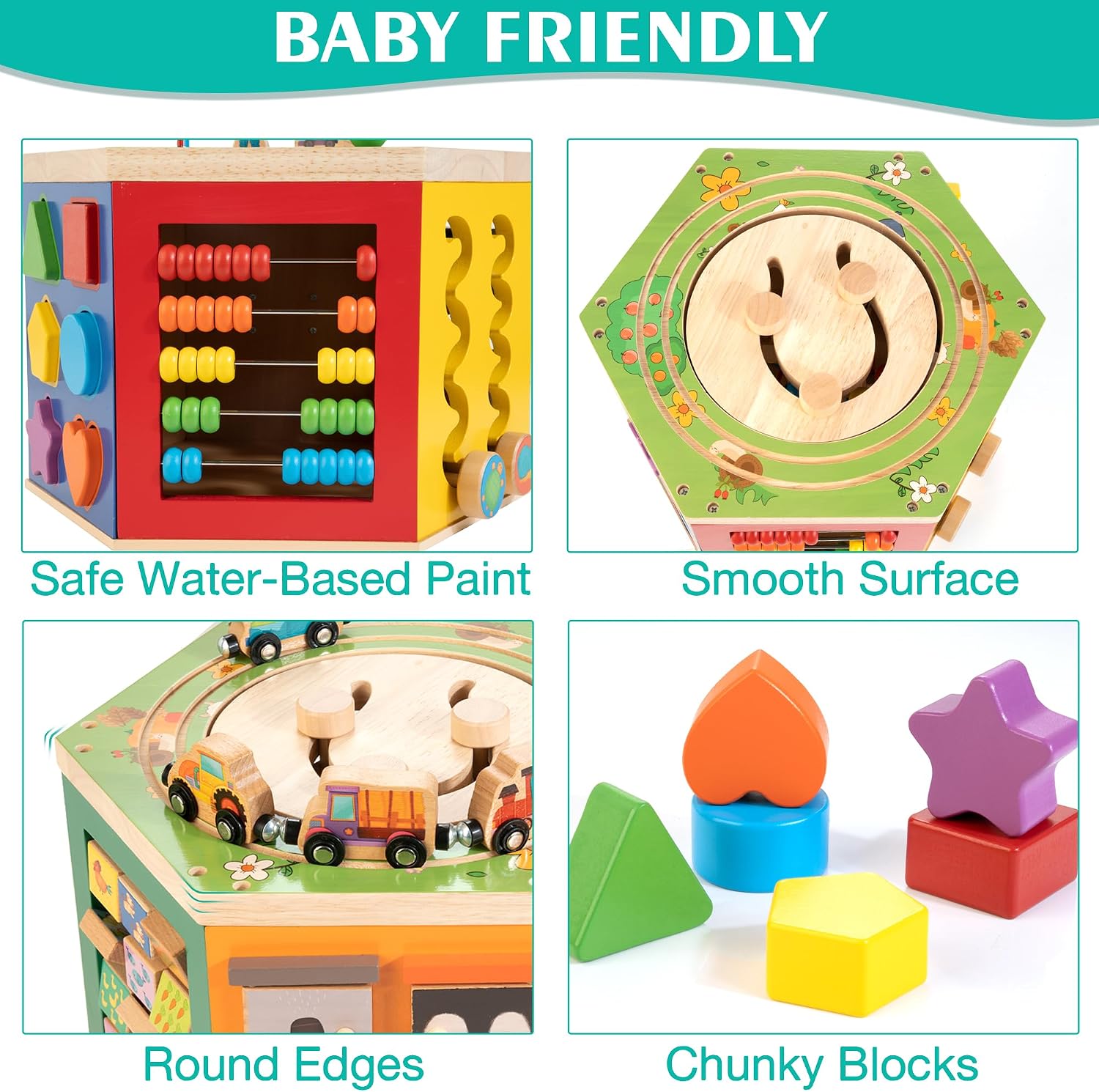 WOODMAM natural wood 9-in-1 farm-themed activity cube with bead maze, shape sorter, and magnetic train cars for toddler play — view 3
