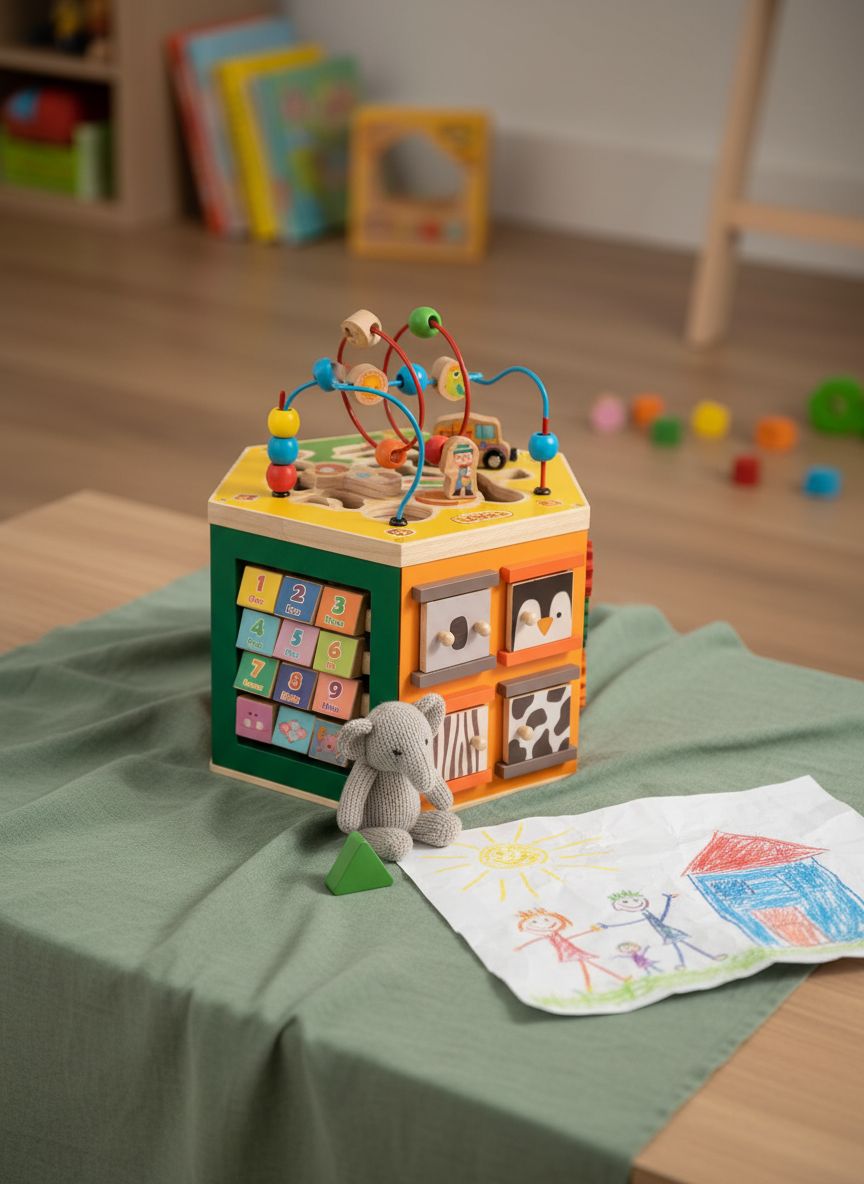 WOODMAM natural wood 9-in-1 farm-themed activity cube with bead maze, shape sorter, and magnetic train cars for toddler play — view 2