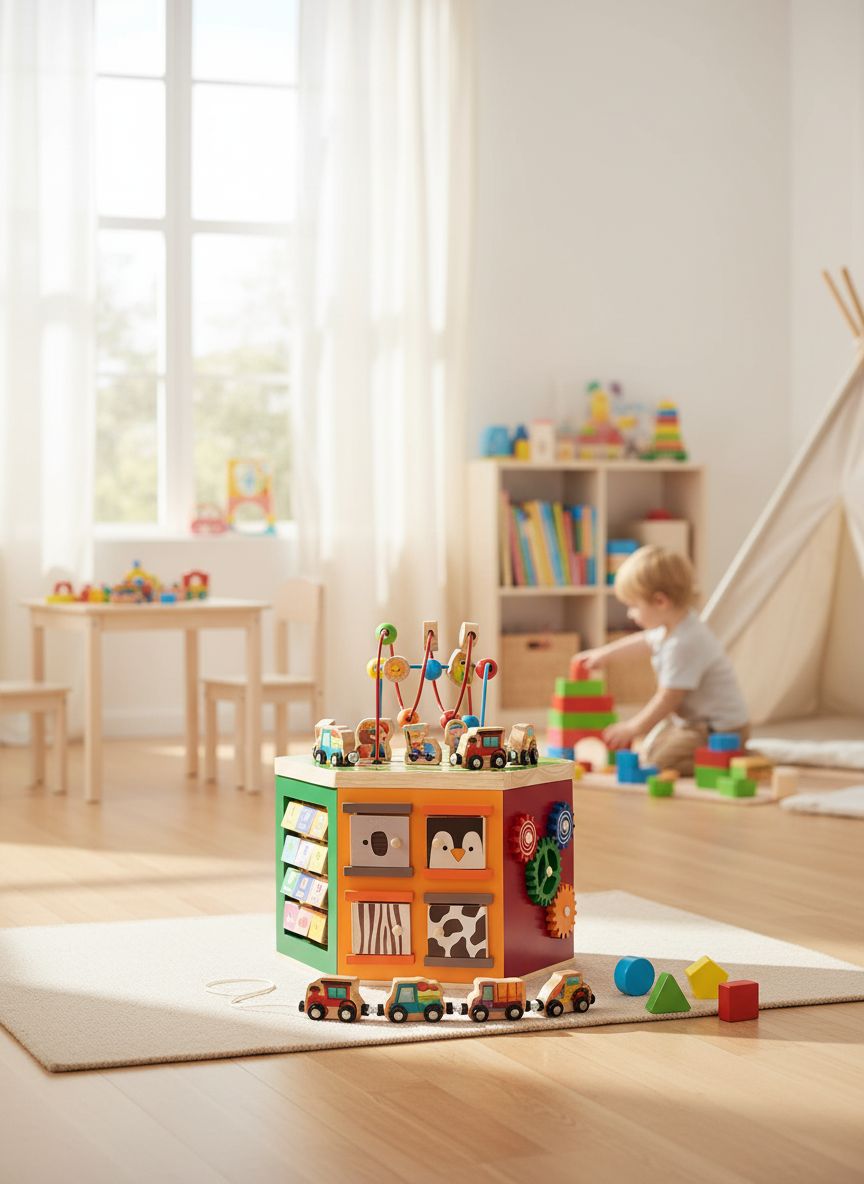 WOODMAM natural wood 9-in-1 farm-themed activity cube with bead maze, shape sorter, and magnetic train cars for toddler play — view 4