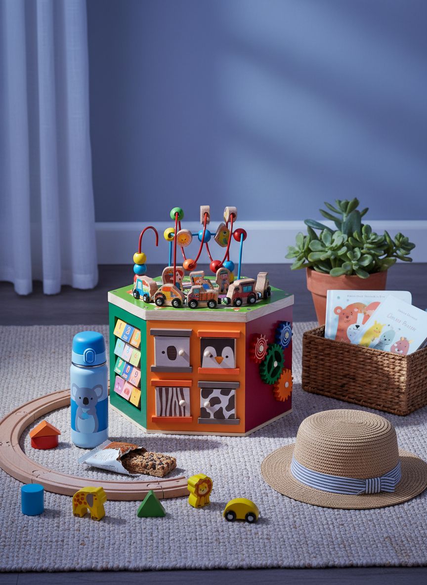 WOODMAM natural wood 9-in-1 farm-themed activity cube with bead maze, shape sorter, and magnetic train cars for toddler play — view 4
