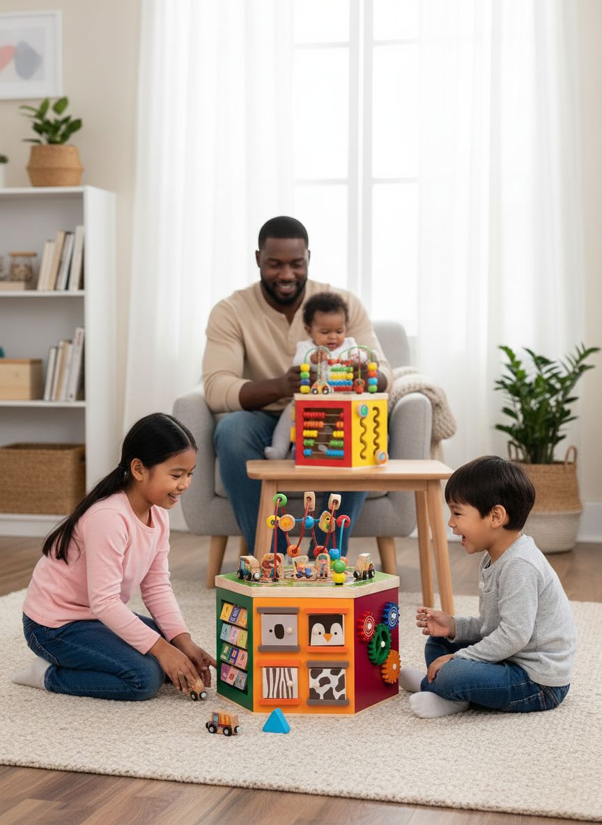 WOODMAM natural wood 9-in-1 farm-themed activity cube with bead maze, shape sorter, and magnetic train cars for toddler play — view 5a