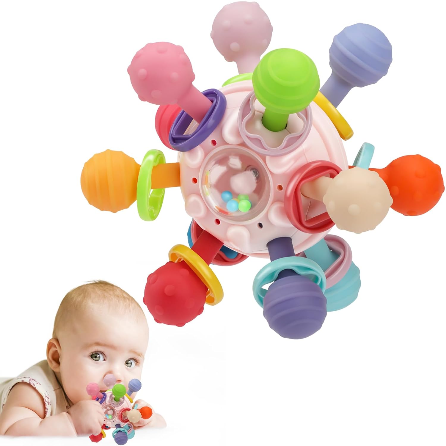 Soft pastel Montessori sensory teething toy with textured silicone surfaces for infant tactile exploration — view 2