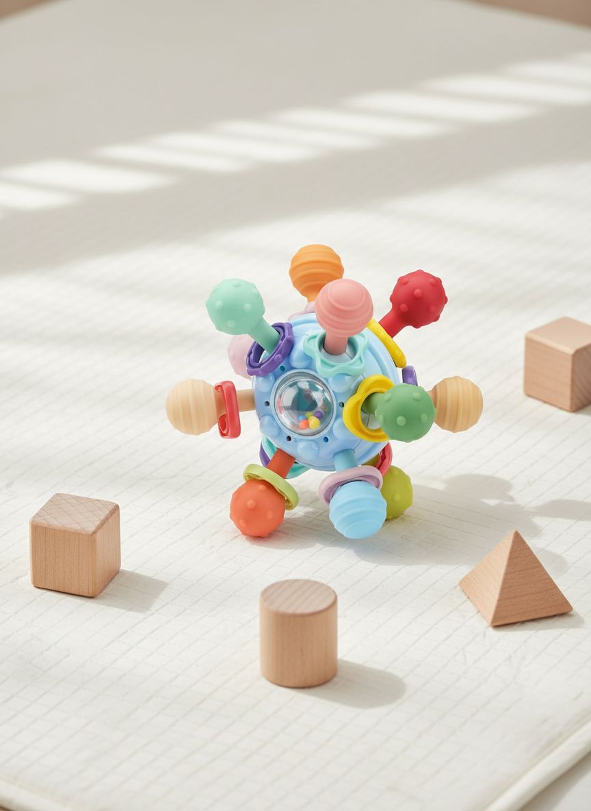 Soft pastel Montessori sensory teething toy with textured silicone surfaces for infant tactile exploration — view 1