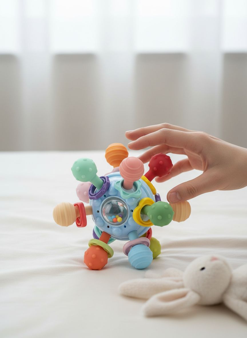 Soft pastel Montessori sensory teething toy with textured silicone surfaces for infant tactile exploration — view 3