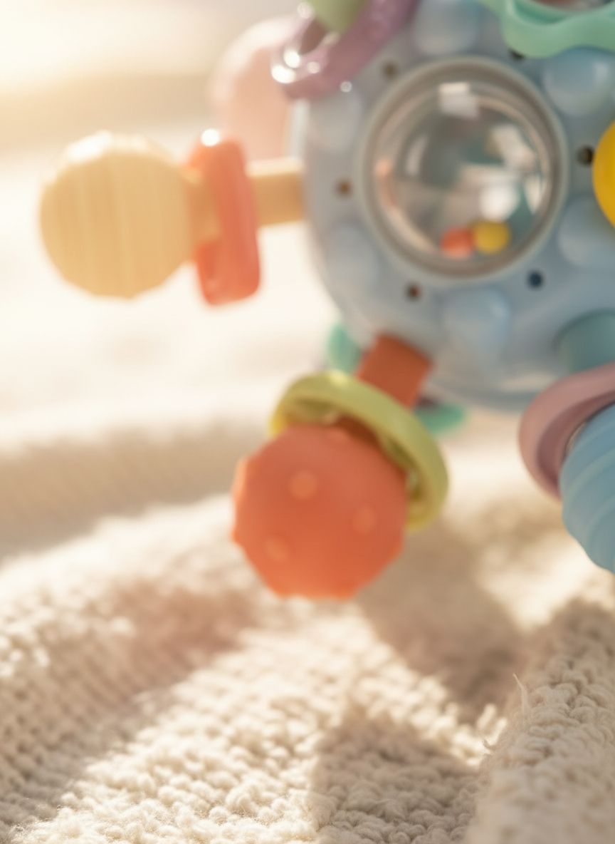 Soft pastel Montessori sensory teething toy with textured silicone surfaces for infant tactile exploration — view 4