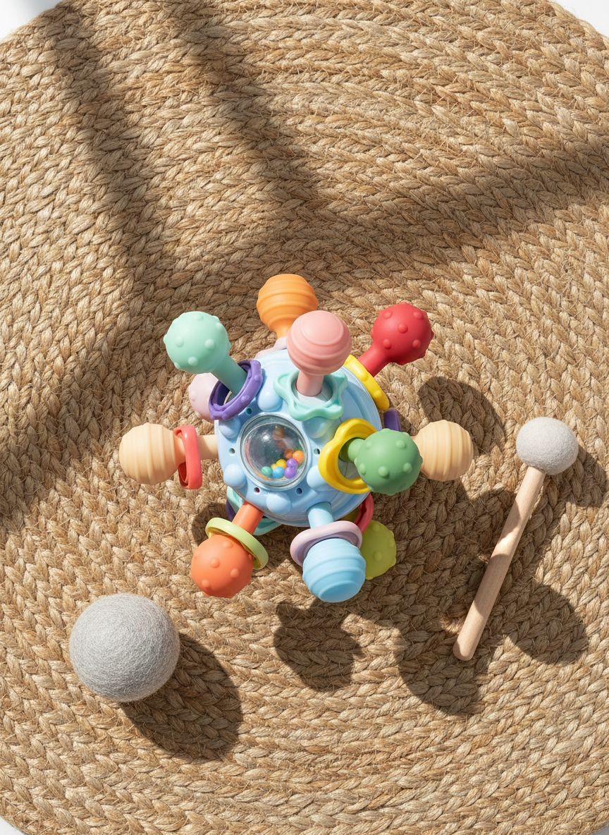 Soft pastel Montessori sensory teething toy with textured silicone surfaces for infant tactile exploration — view 7a