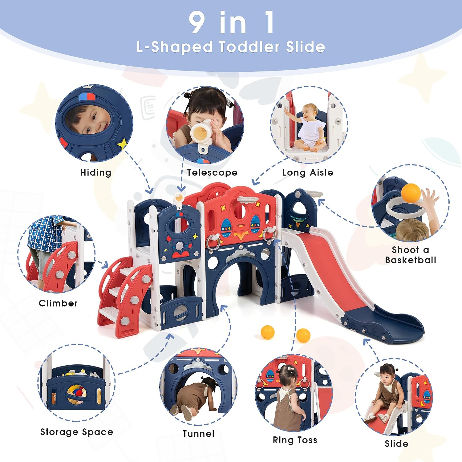 Blue castle amusement playground playhouse with slide and climbing features for toddlers — side