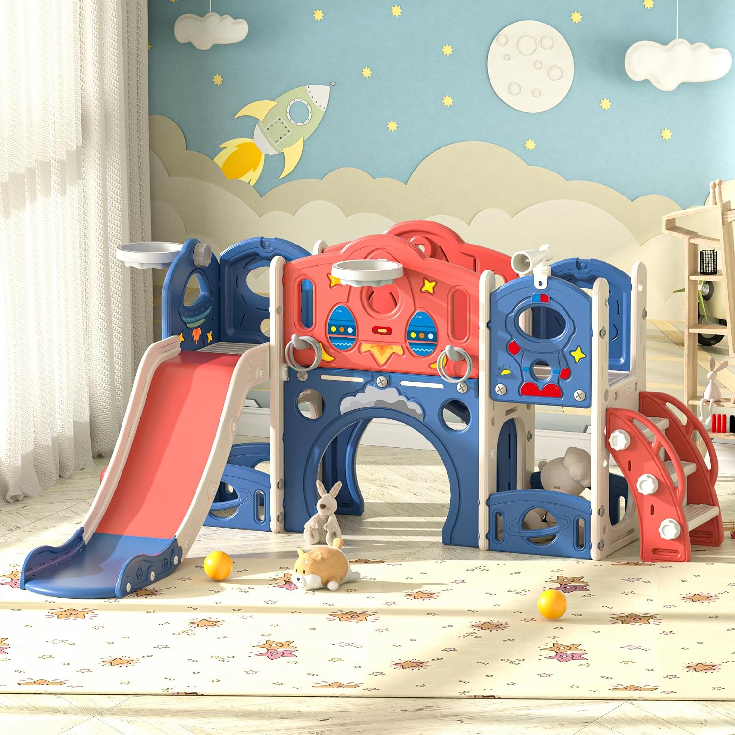 Blue castle amusement playground playhouse with slide and climbing features for toddlers — back