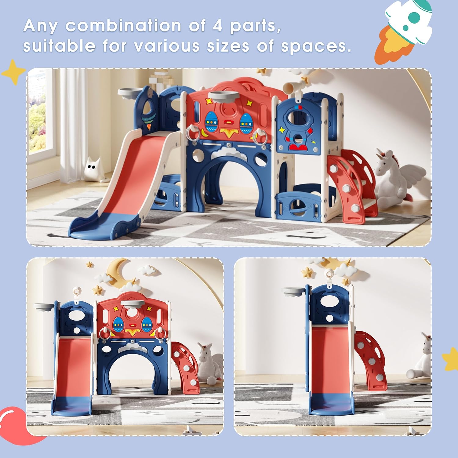 Blue castle amusement playground playhouse with slide and climbing features for toddlers — view 2