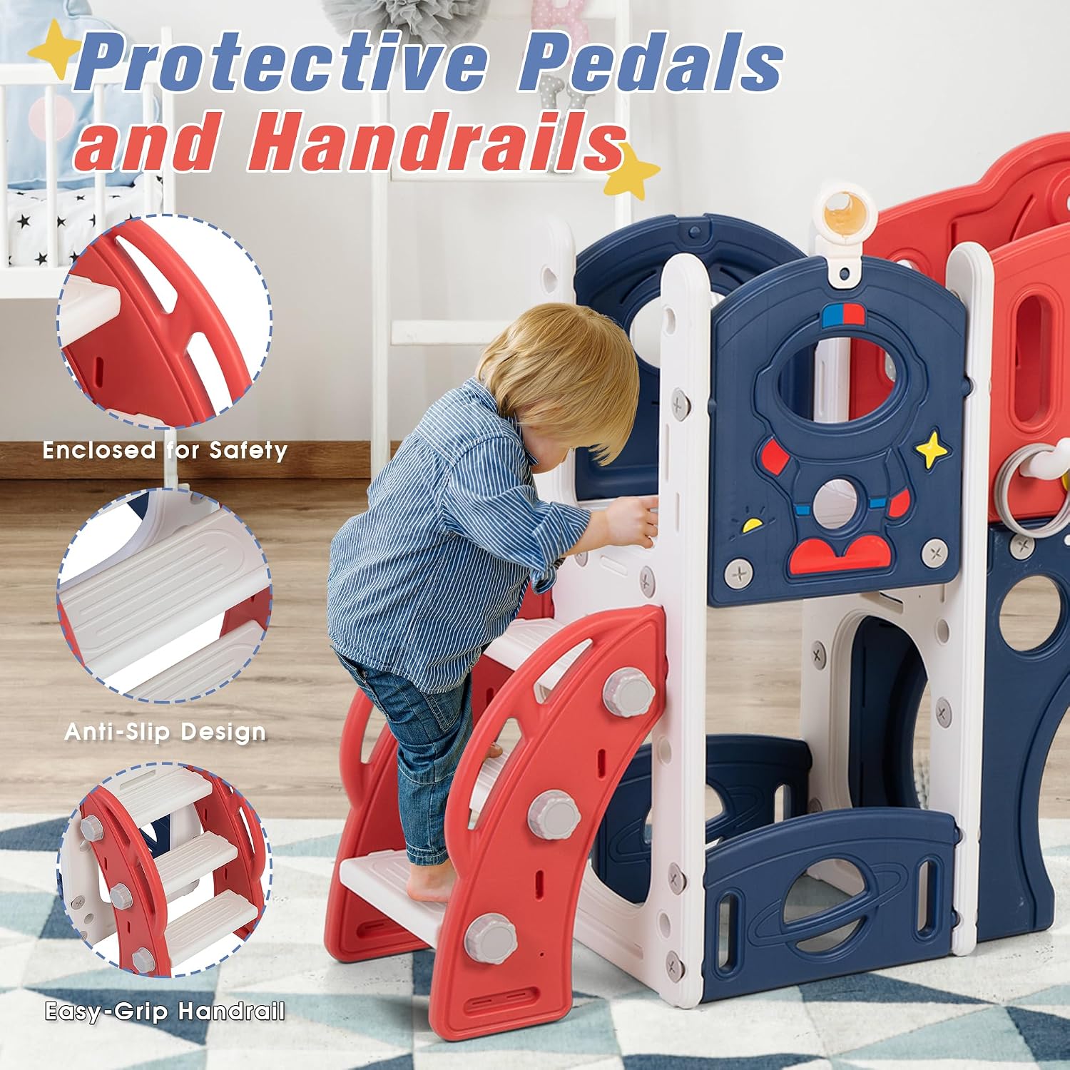 Blue castle amusement playground playhouse with slide and climbing features for toddlers — view 3a