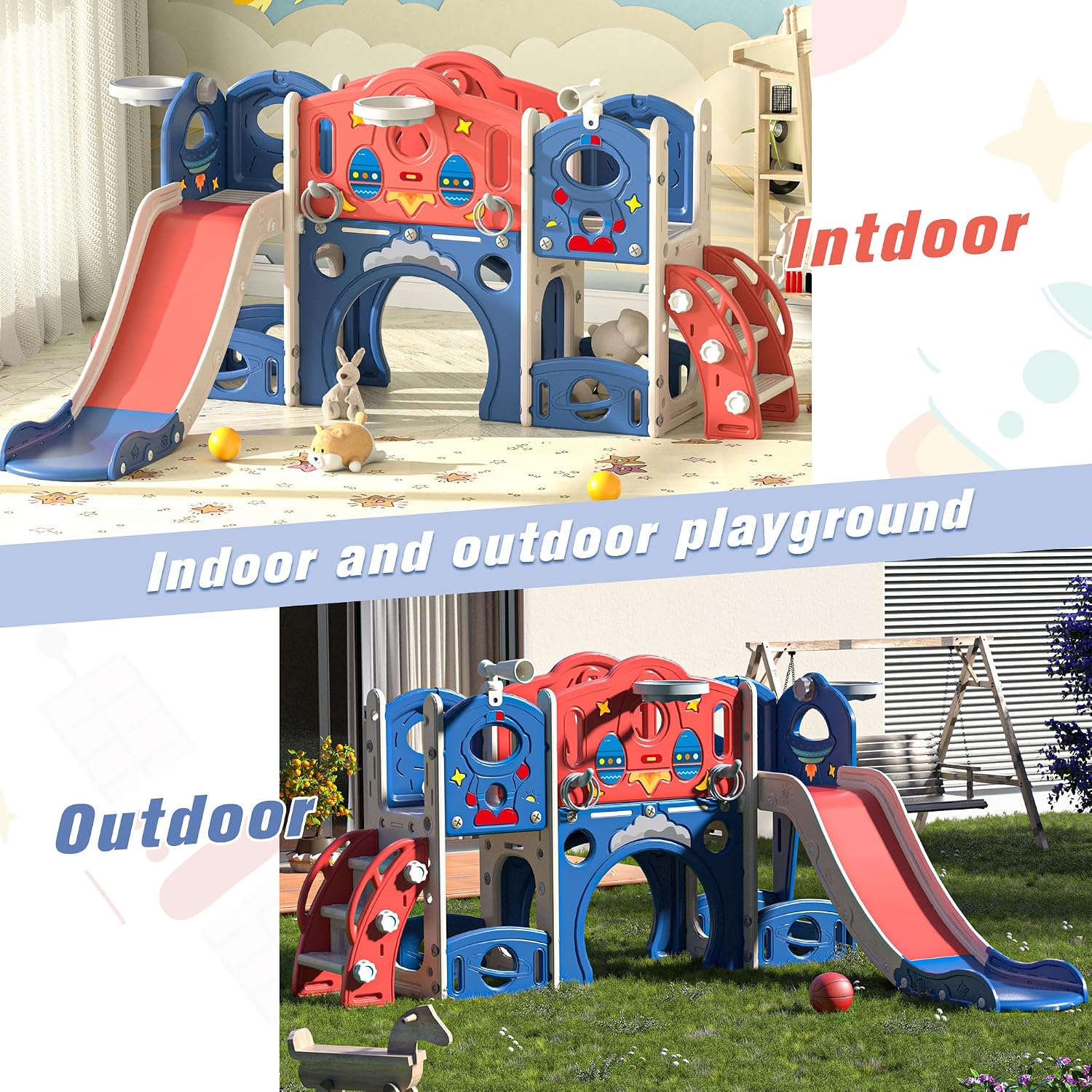 Blue castle amusement playground playhouse with slide and climbing features for toddlers — view 5